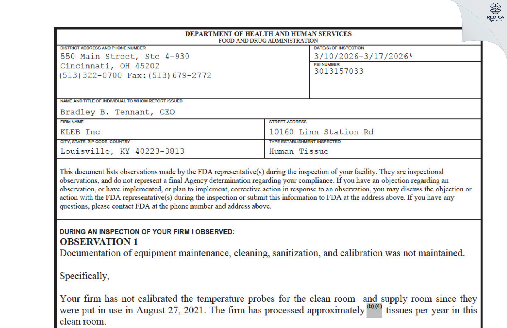 FDA 483 - KLEB Inc [Louisville / United States of America] - Download PDF - Redica Systems