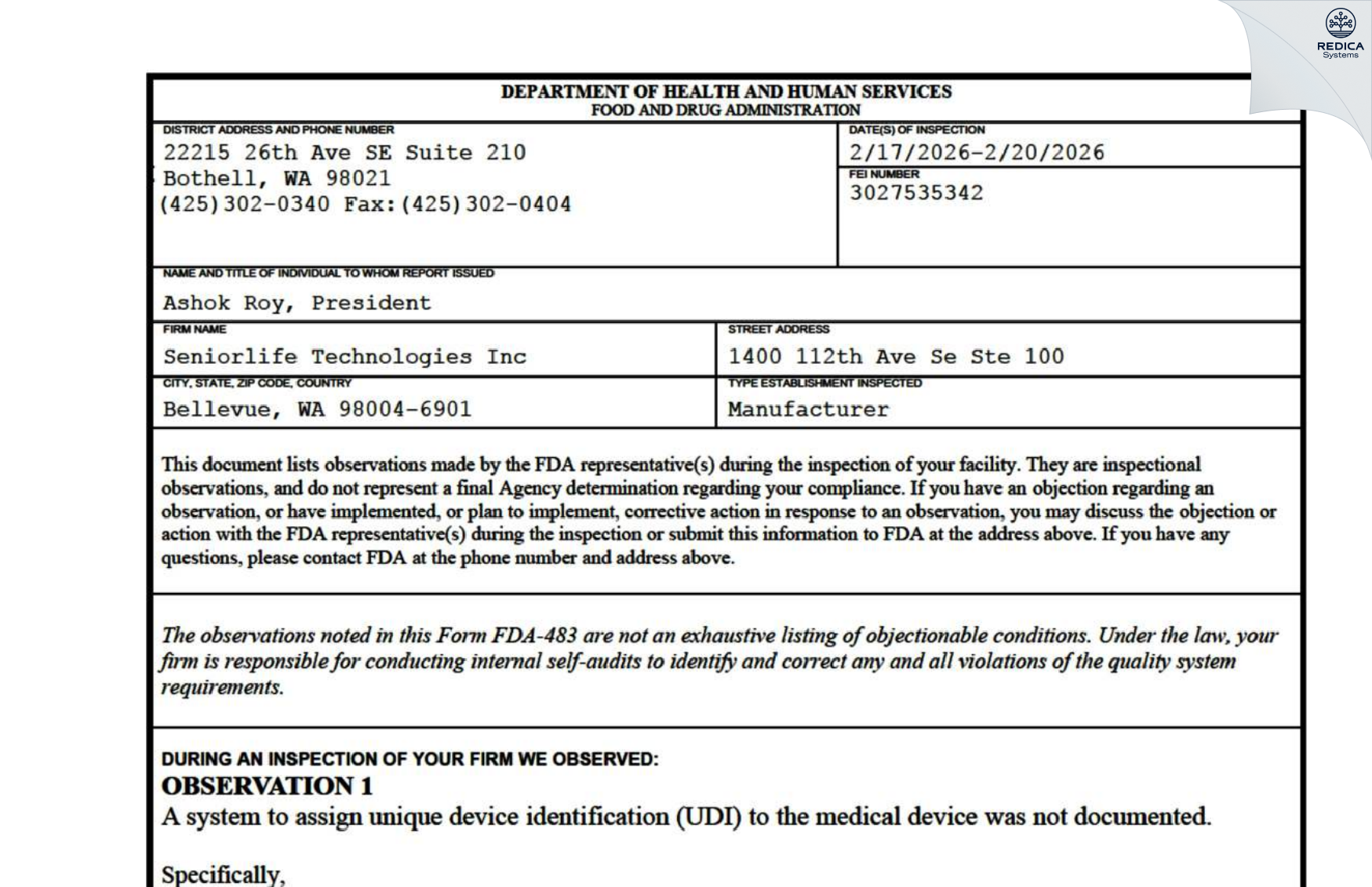 FDA 483 - SENIORLIFE TECHNOLOGIES INC [Bellevue / United States of America] - Download PDF - Redica Systems
