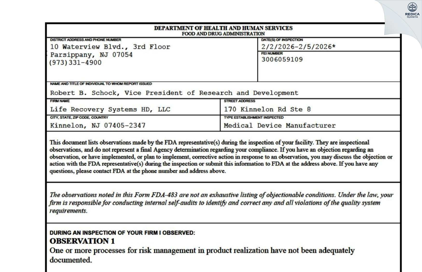 FDA 483 - Life Recovery Systems HD, LLC [Kinnelon / United States of America] - Download PDF - Redica Systems