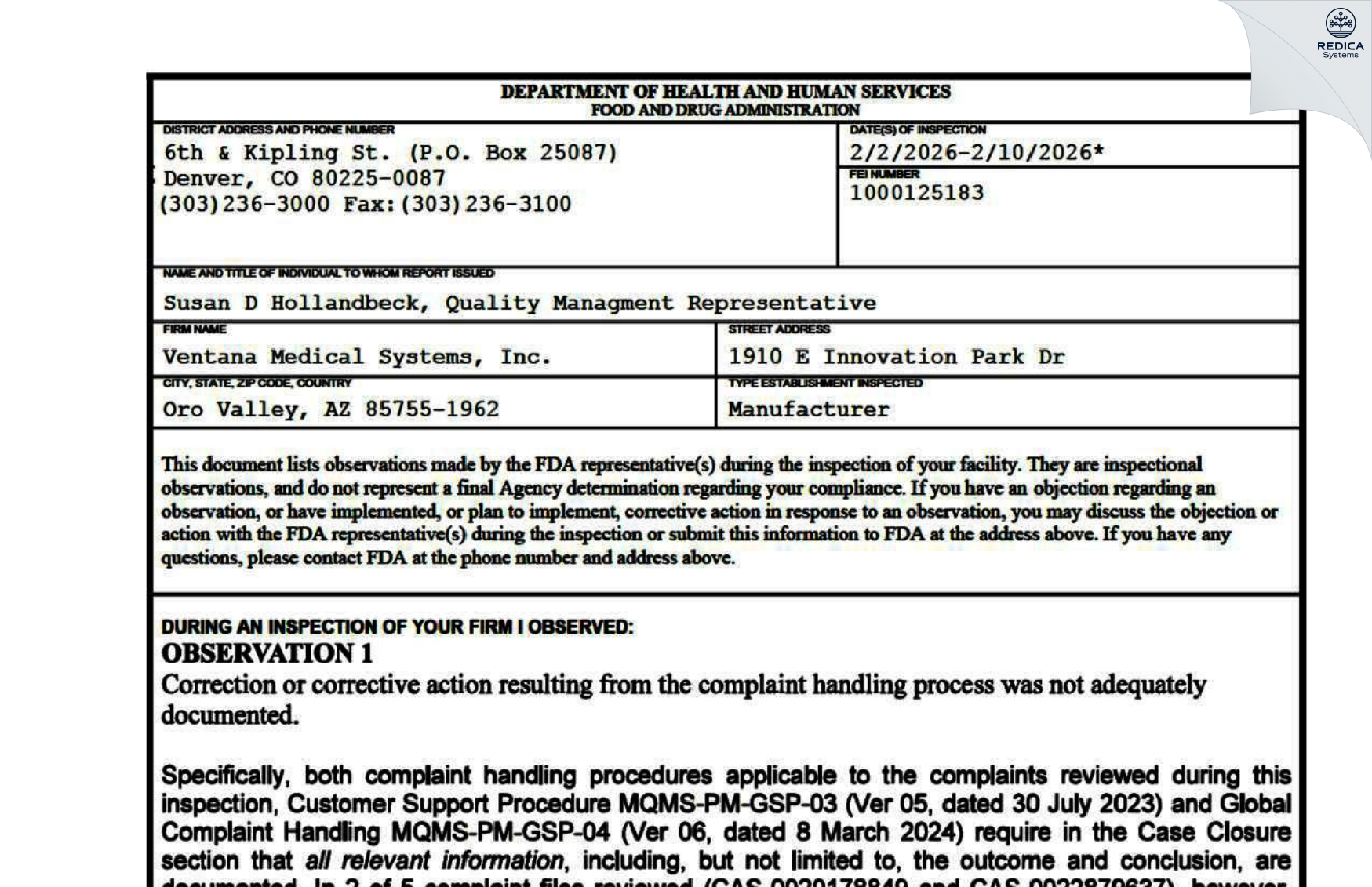FDA 483 - Ventana Medical Systems Inc [Oro Valley / United States of America] - Download PDF - Redica Systems