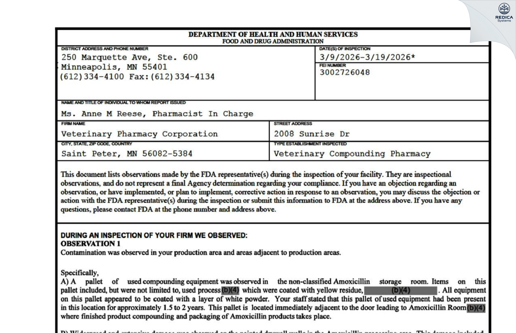 FDA 483 - Veterinary Pharmacy Corporation [Saint Peter / United States of America] - Download PDF - Redica Systems