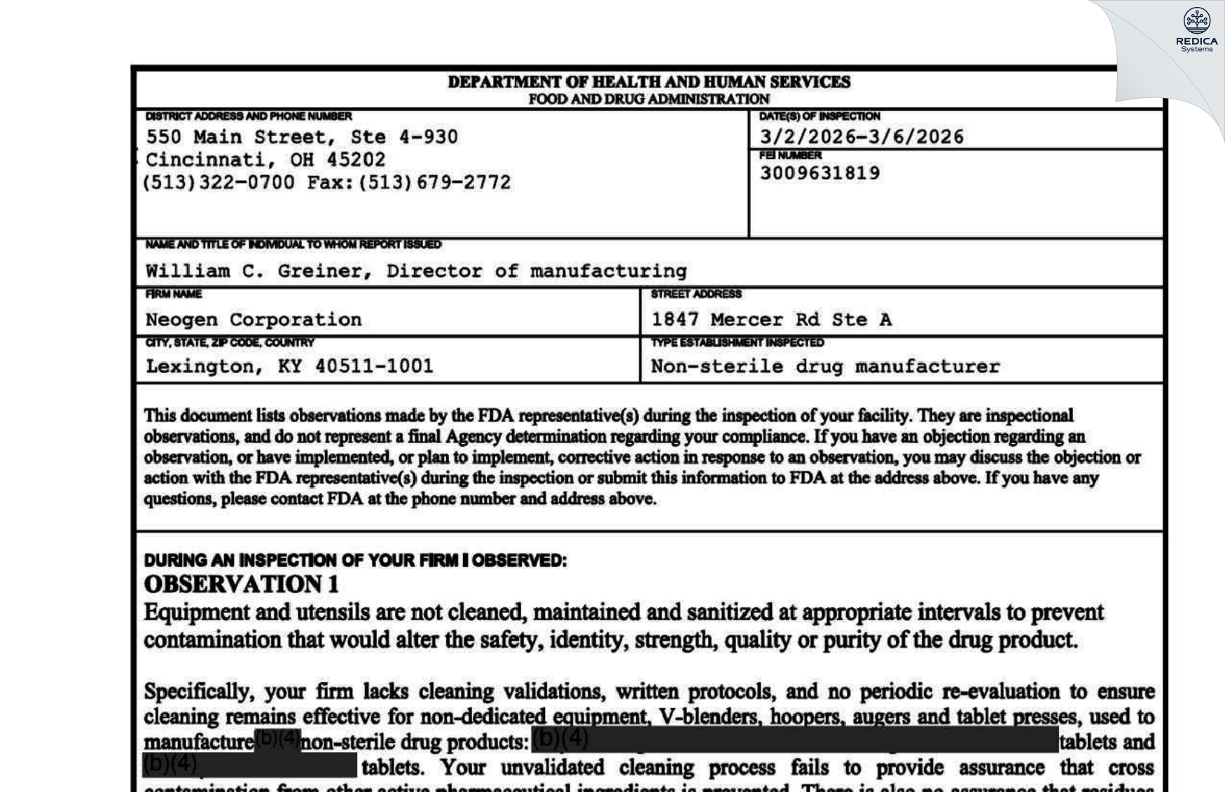 FDA 483 - Neogen Corporation - Mercer Rd. [Lexington / United States of America] - Download PDF - Redica Systems