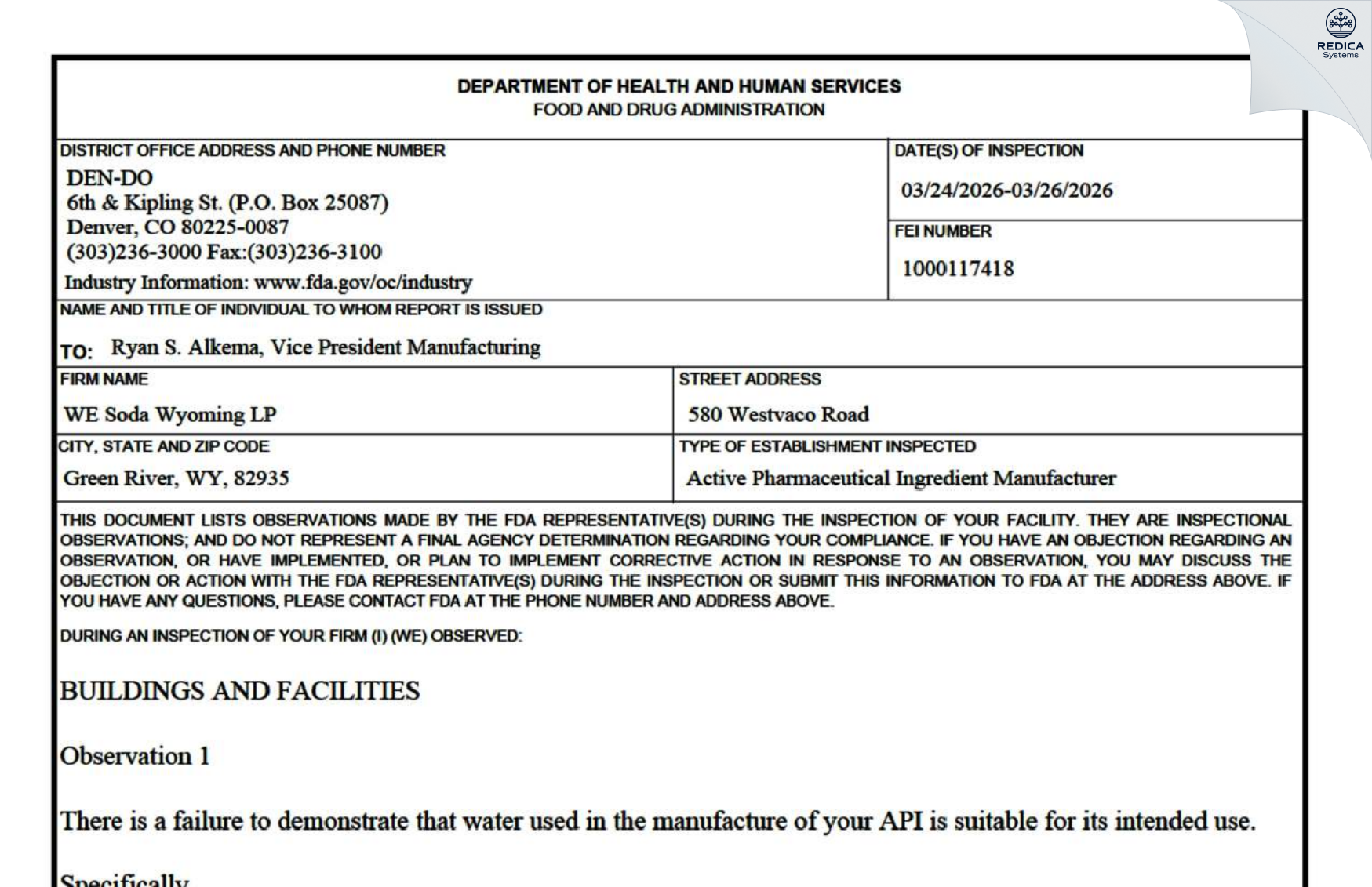 FDA 483 - Genesis Alkali Wyoming, LP [Green River / United States of America] - Download PDF - Redica Systems