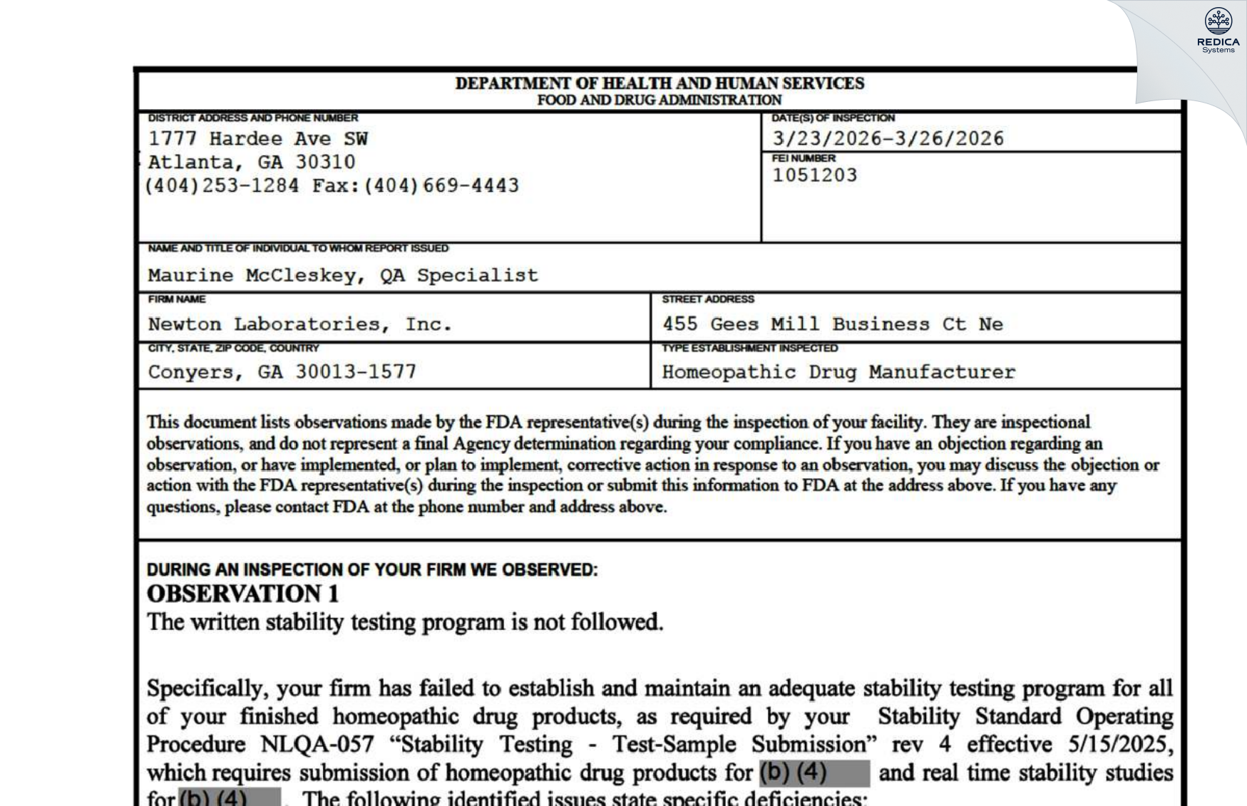 FDA 483 - Newton Laboratories, Inc. [Conyers / United States of America] - Download PDF - Redica Systems