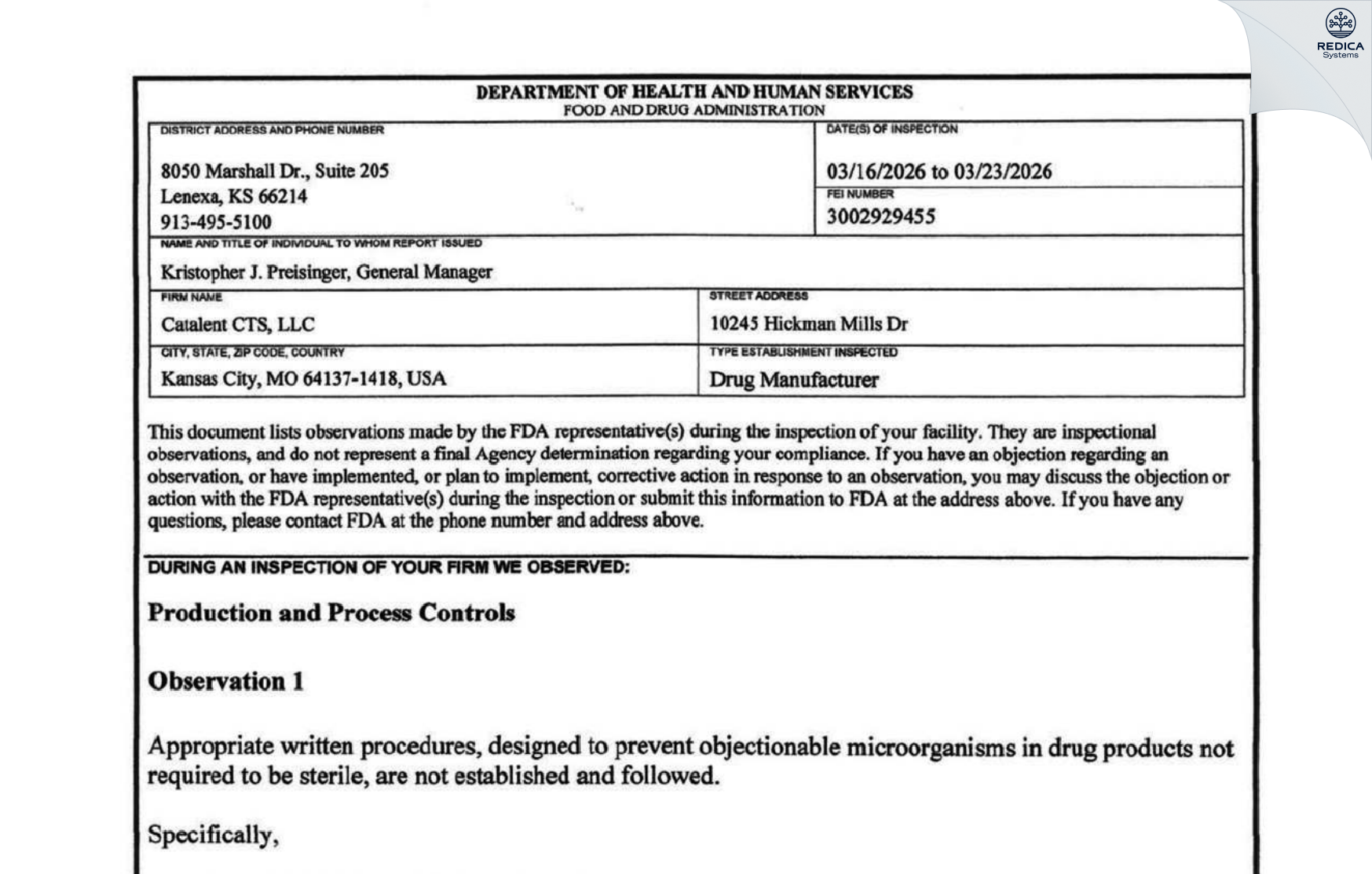 FDA 483 - Catalent CTS, LLC [Kansas City / United States of America] - Download PDF - Redica Systems