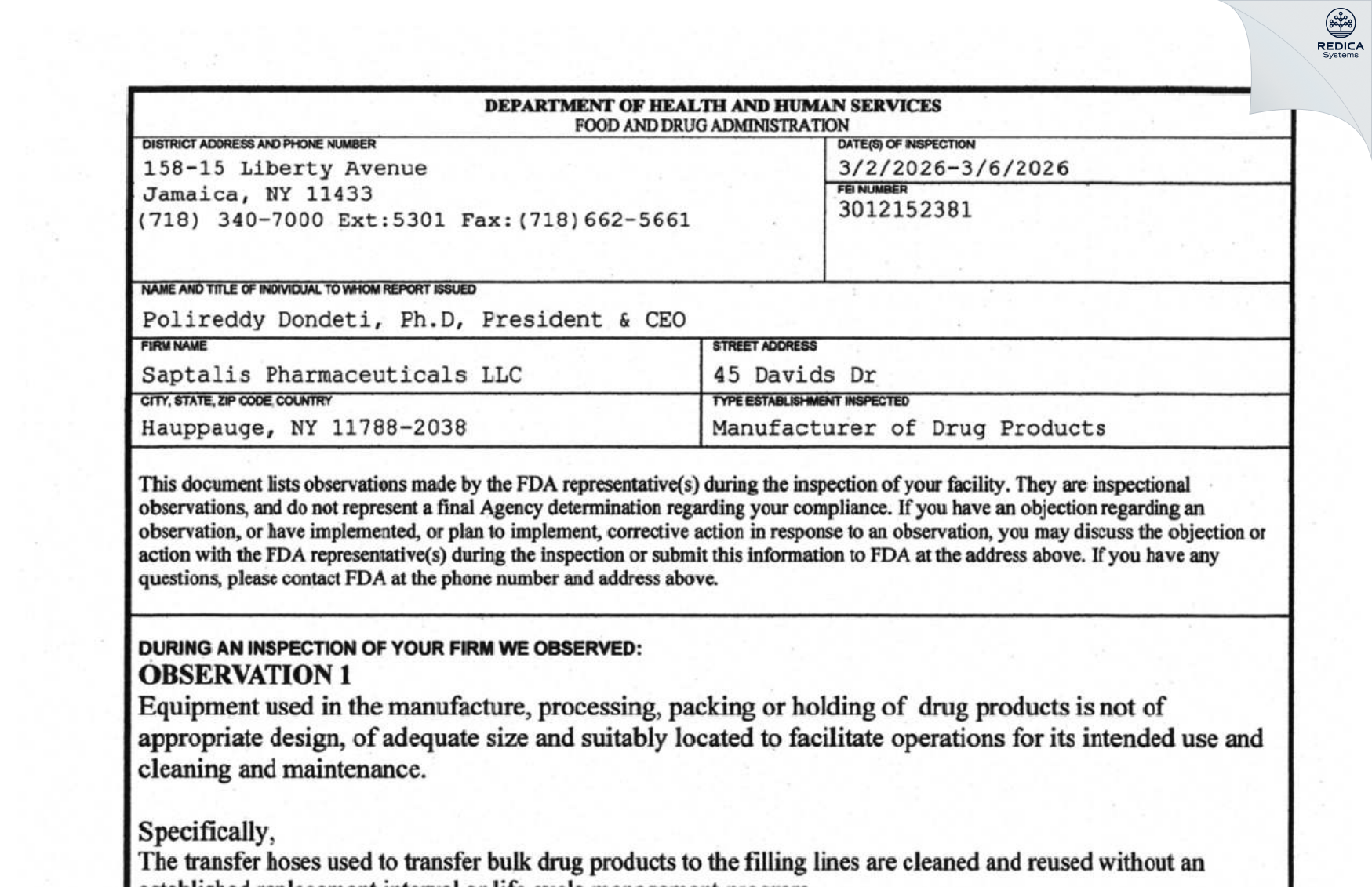 FDA 483 - Saptalis Pharmaceuticals LLC [Hauppauge / United States of America] - Download PDF - Redica Systems