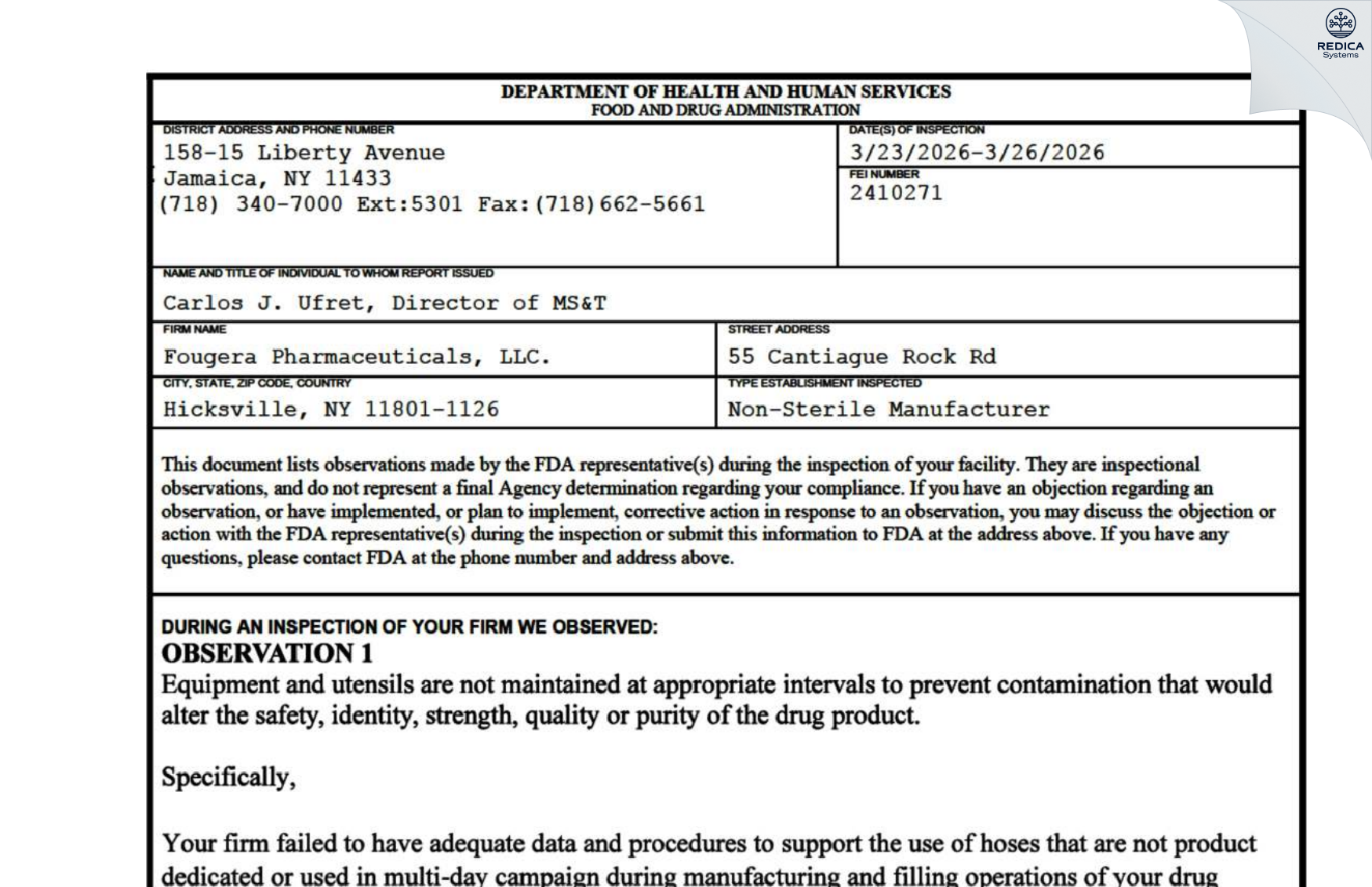FDA 483 - Fougera Pharmaceuticals Inc. [Hicksville / United States of America] - Download PDF - Redica Systems