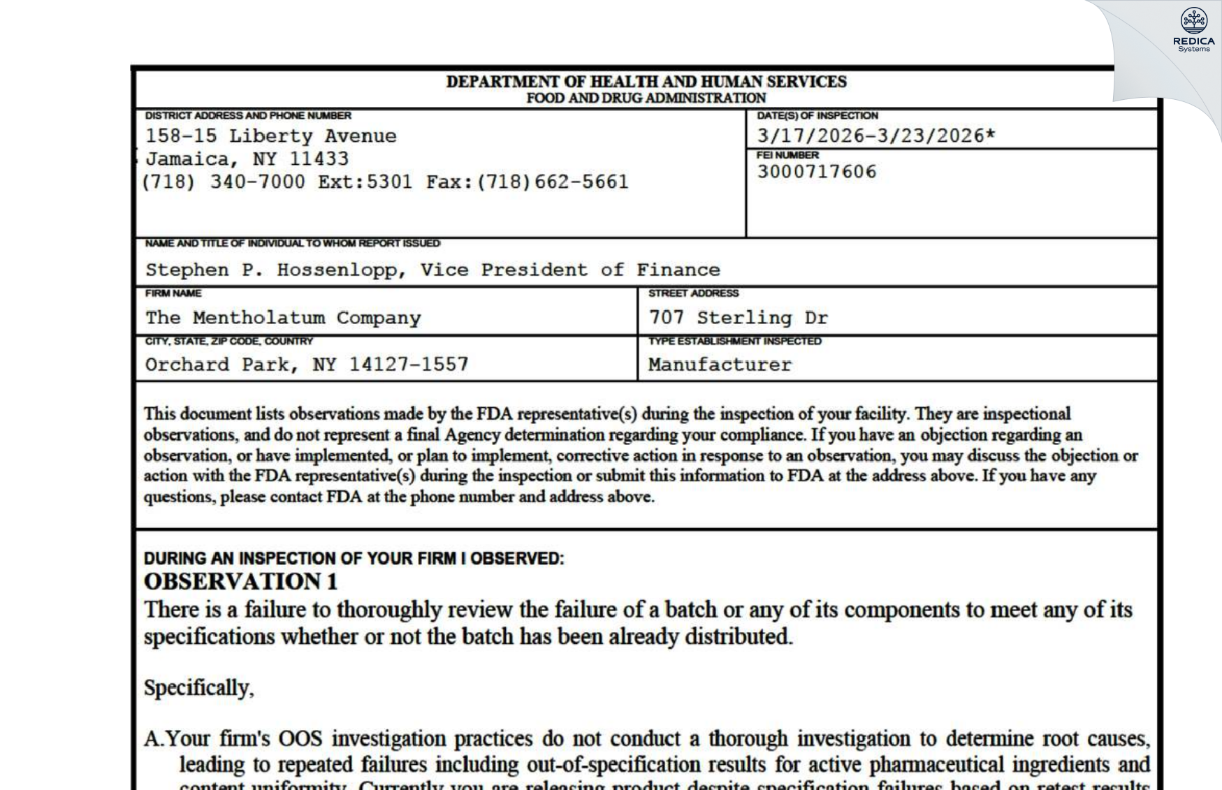 FDA 483 - Mentholatum Company, The [Orchard Park / United States of America] - Download PDF - Redica Systems