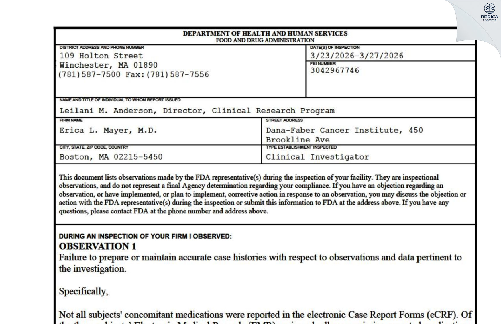 FDA 483 - Erica L. Mayer, M.D. [Boston / United States of America] - Download PDF - Redica Systems