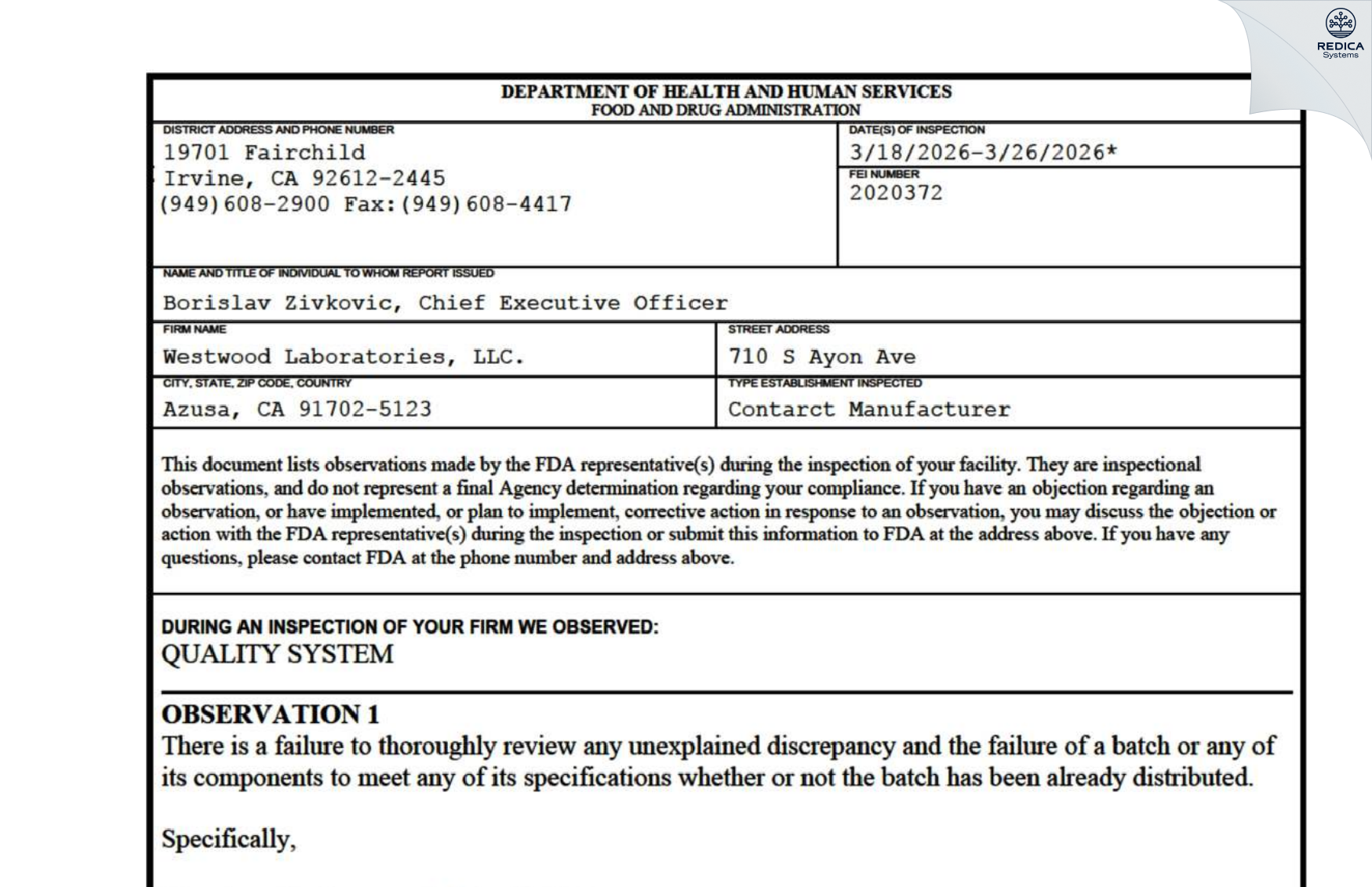 FDA 483 - Westwood Laboratories, LLC. [Azusa / United States of America] - Download PDF - Redica Systems