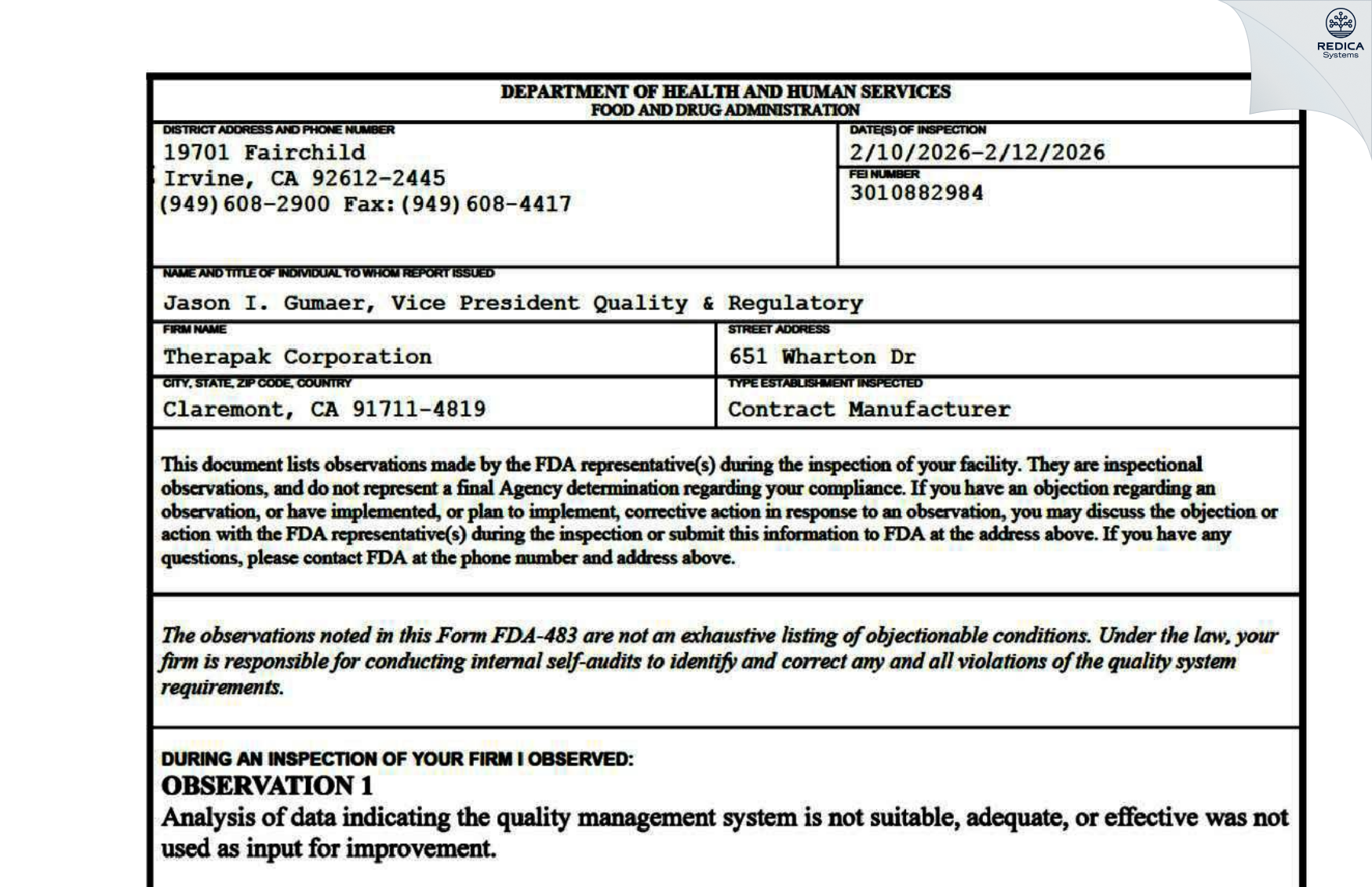 FDA 483 - Therapak Corporation [Claremont / United States of America] - Download PDF - Redica Systems