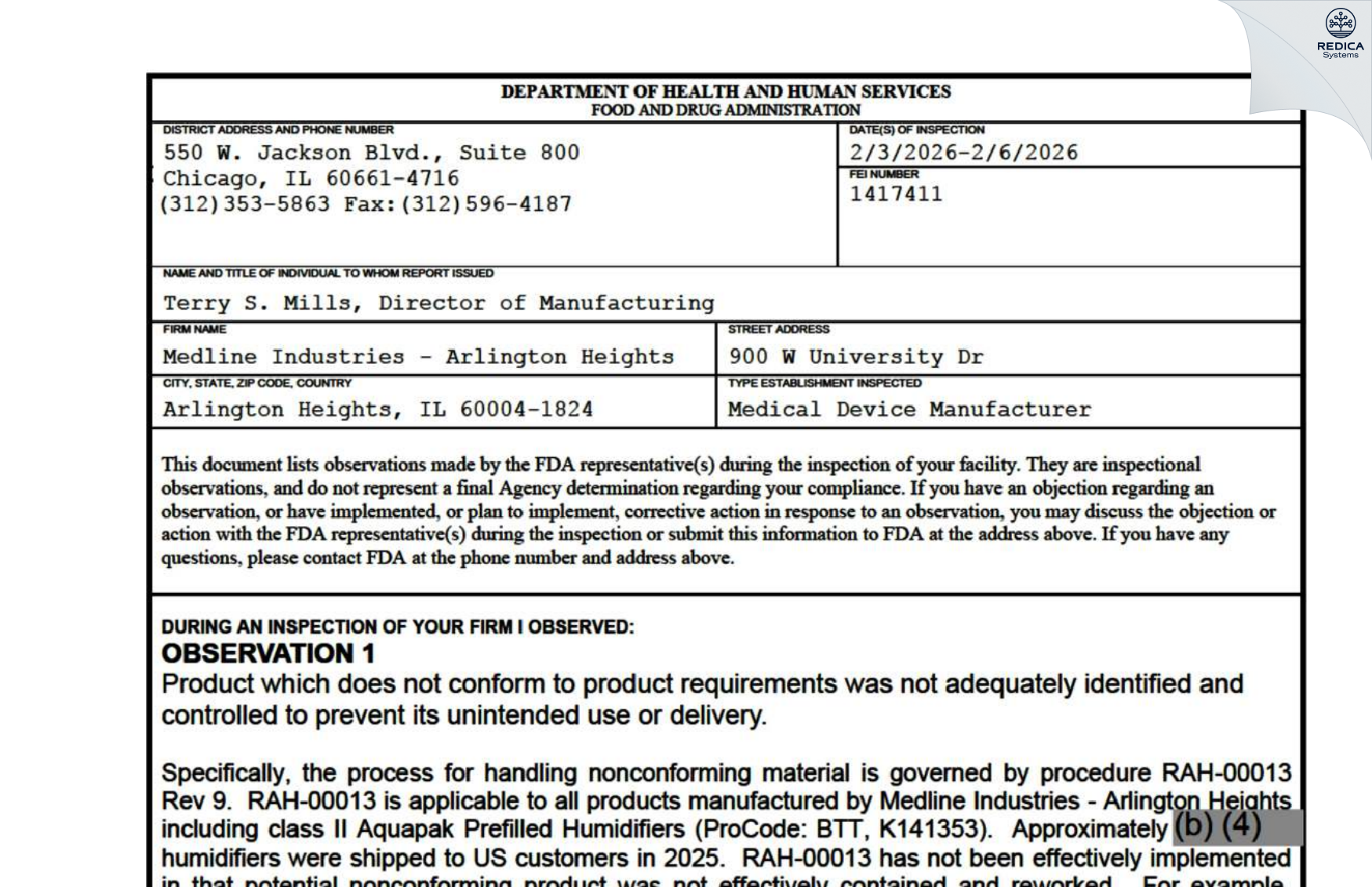 FDA 483 - Teleflex Medical [Arlington Heights / United States of America] - Download PDF - Redica Systems