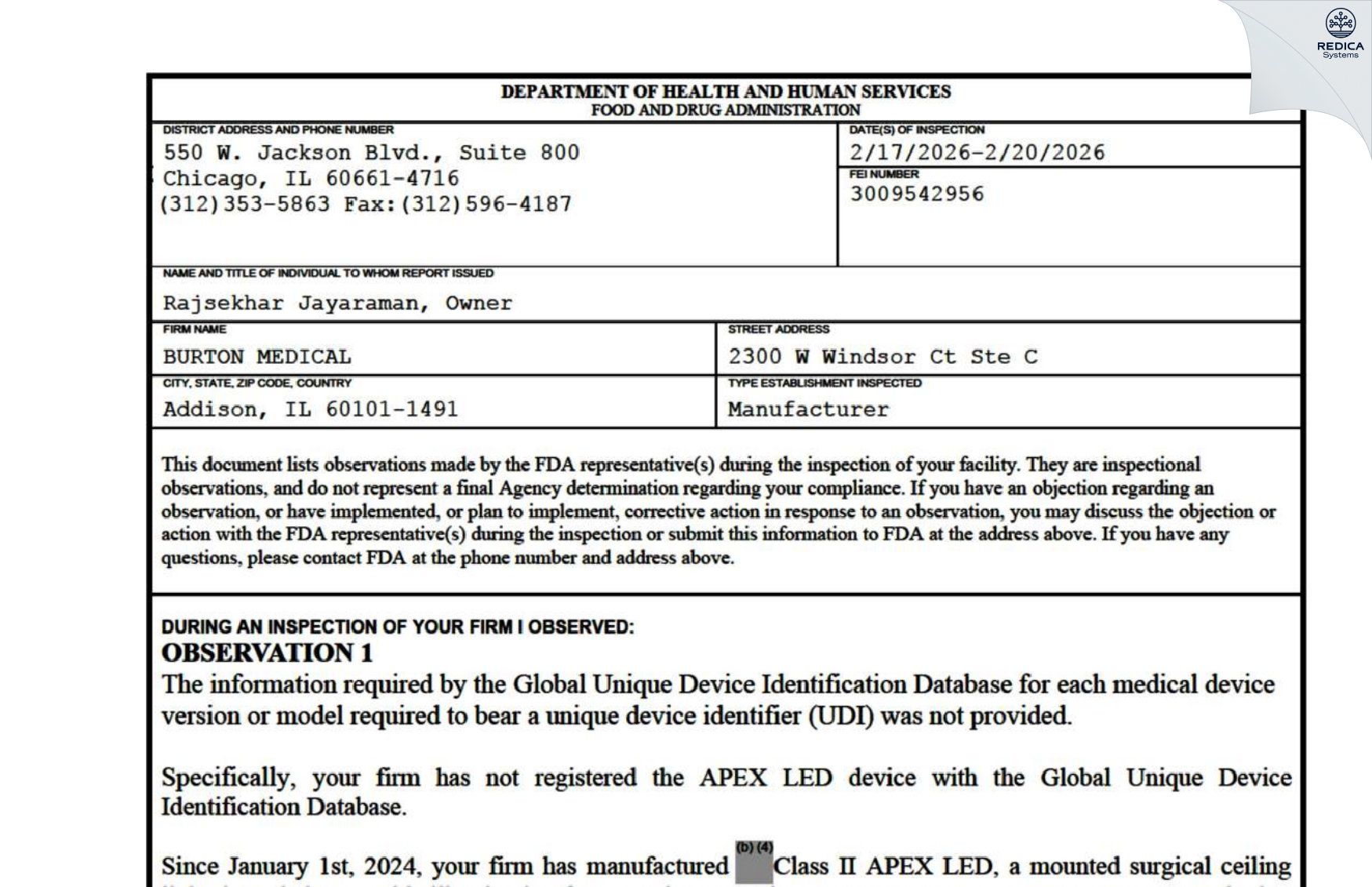 FDA 483 - BURTON MEDICAL [Addison / United States of America] - Download PDF - Redica Systems