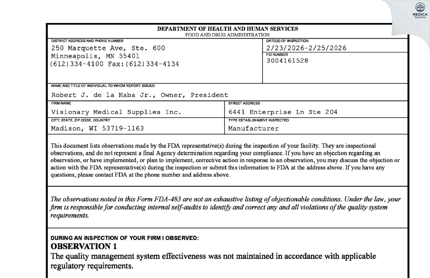 FDA 483 - Visionary Medical Supplies Inc. [Madison / United States of America] - Download PDF - Redica Systems