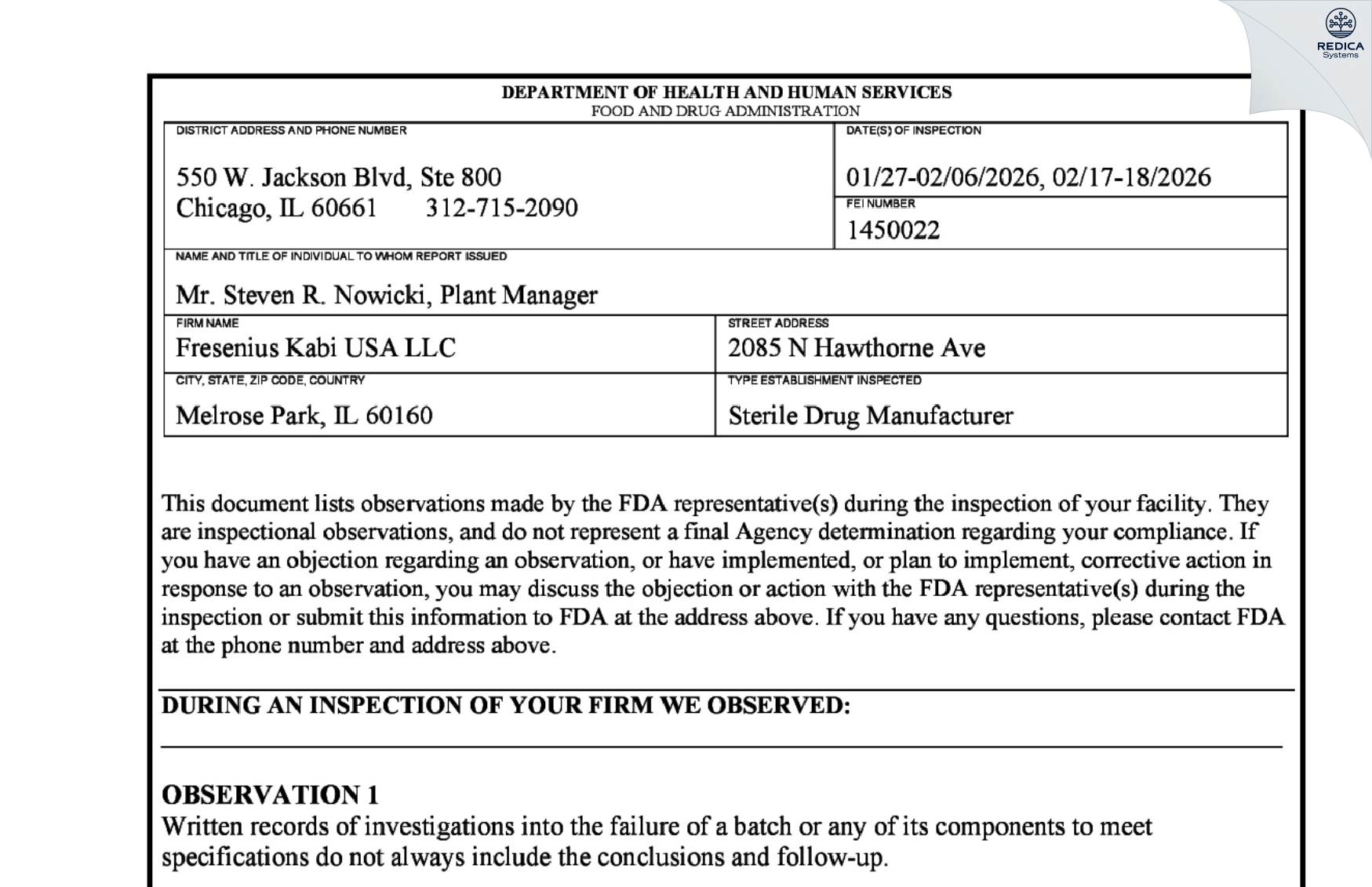 FDA 483 - Fresenius Kabi USA, LLC [Melrose Park / United States of America] - Download PDF - Redica Systems