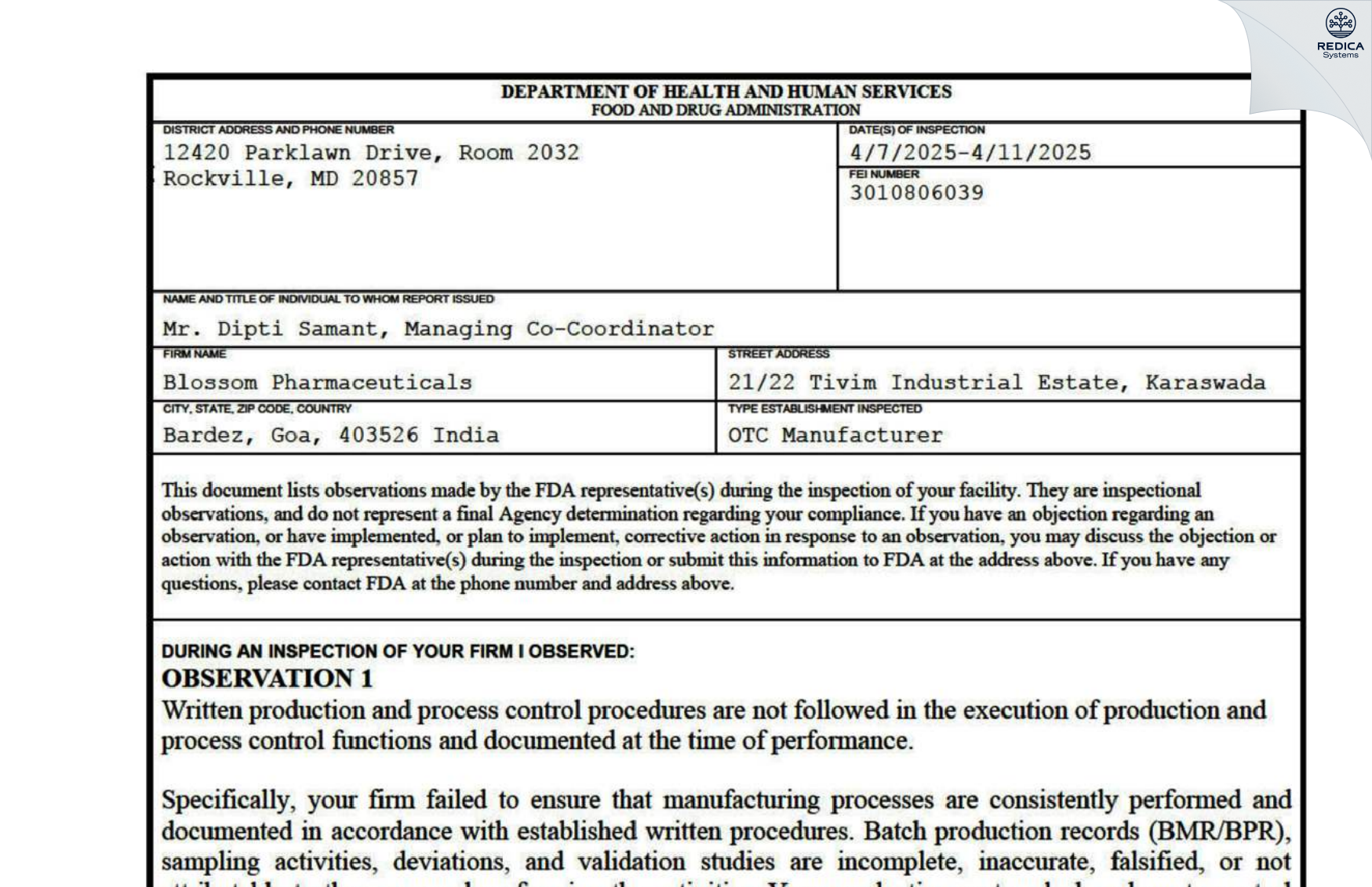 FDA 483 - Blossom Pharmaceuticals [Bardez / India] - Download PDF - Redica Systems