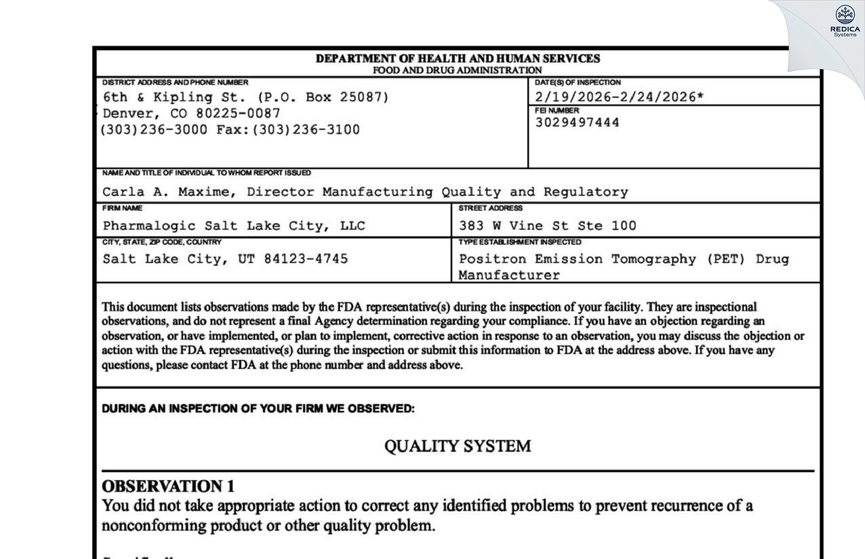 FDA 483 - Pharmalogic Salt Lake City, LLC [Salt Lake City / United States of America] - Download PDF - Redica Systems