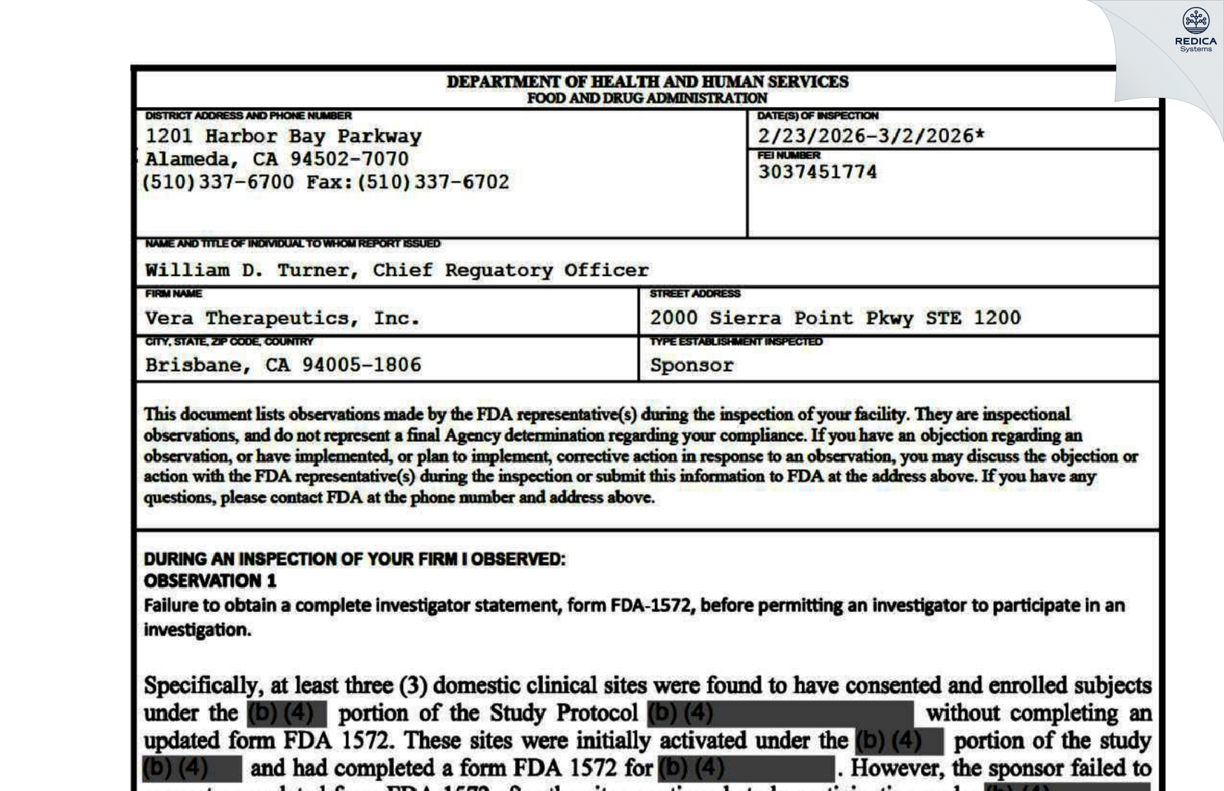 FDA 483 - Vera Therapeutics, Inc. [Brisbane / United States of America] - Download PDF - Redica Systems