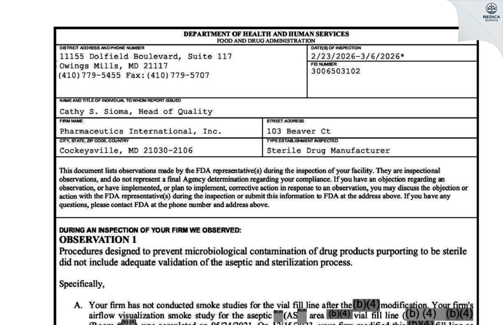 FDA 483 - Pharmaceutics International, Inc. [Cockeysville / United States of America] - Download PDF - Redica Systems