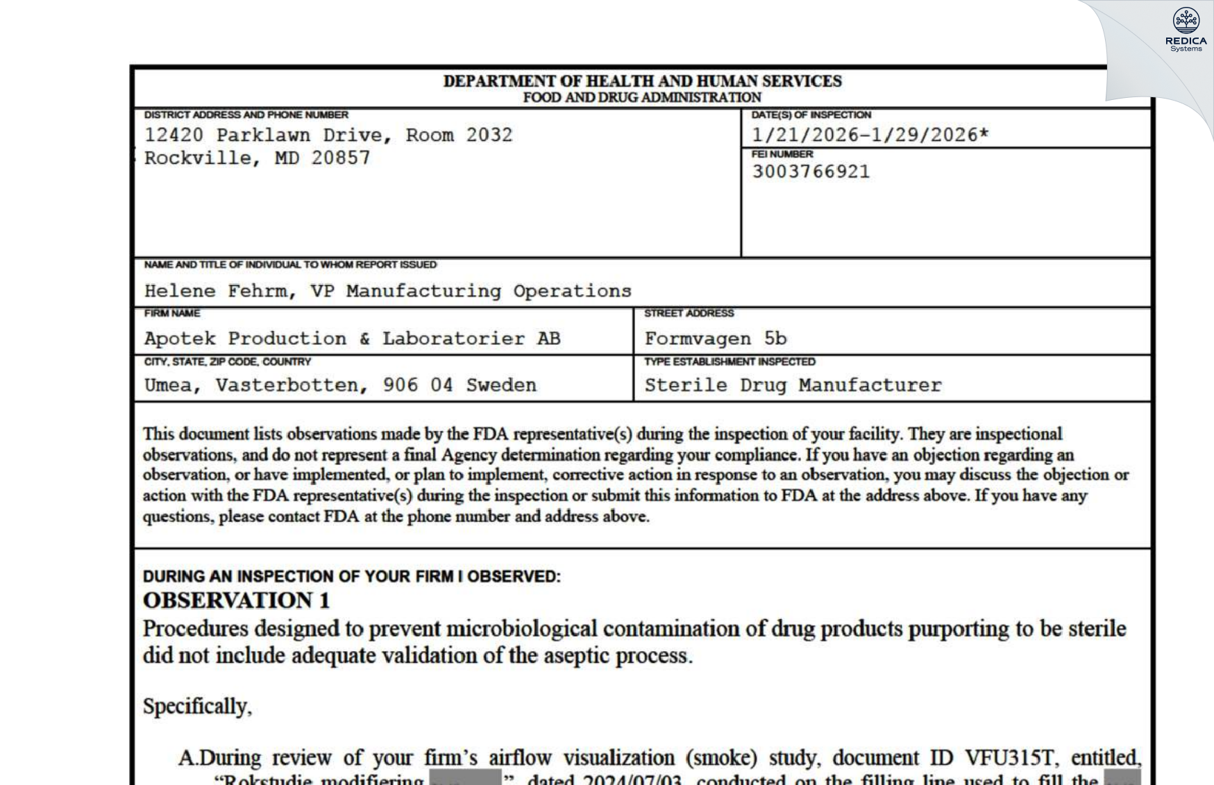 FDA 483 - Apotek Produktion & Laboratorier AB [Umeå / Sweden] - Download PDF - Redica Systems