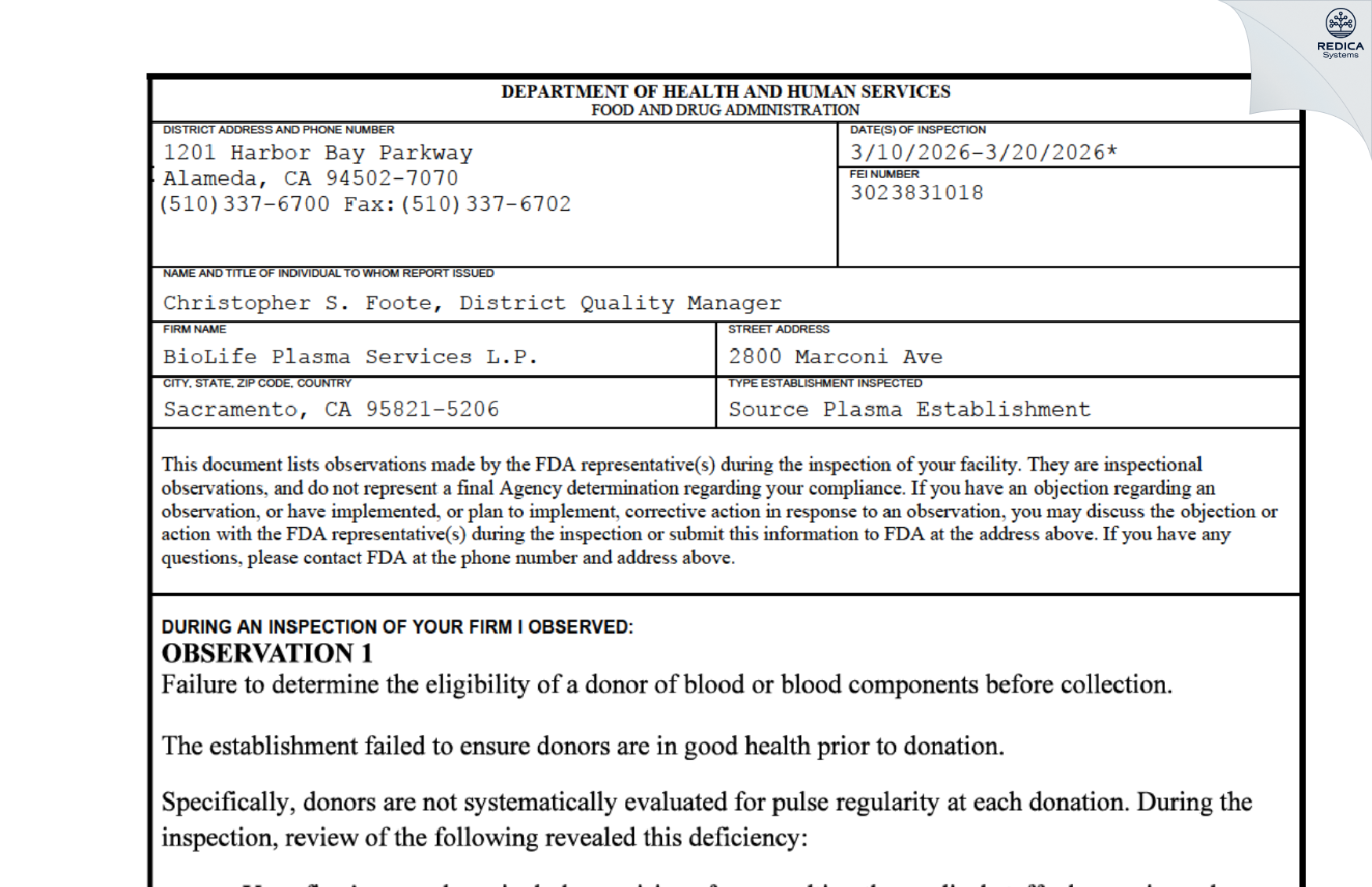 FDA 483 - BioLife Plasma Services L.P. [Sacramento / United States of America] - Download PDF - Redica Systems
