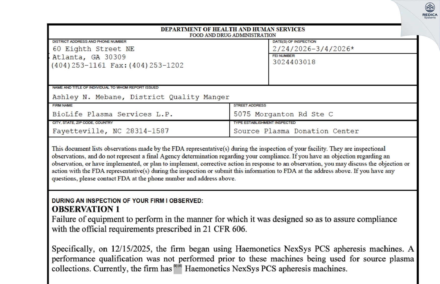 FDA 483 - BioLife Plasma Services L.P. [Fayetteville / United States of America] - Download PDF - Redica Systems