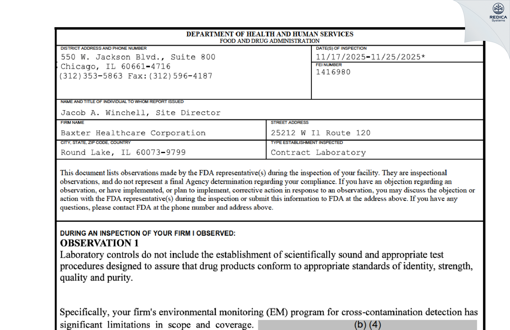 FDA 483 - Baxter Healthcare Corporation [Round Lake / United States of America] - Download PDF - Redica Systems