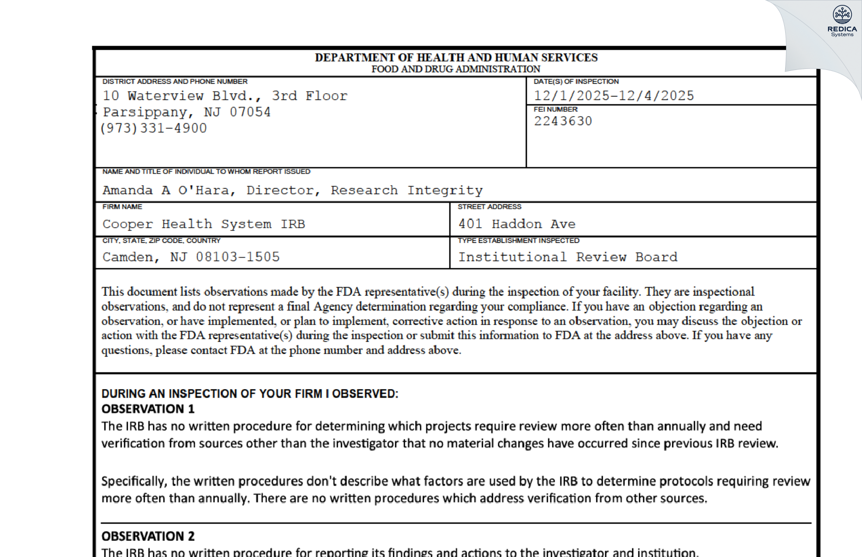 FDA 483 - Cooper Health System IRB [Camden / United States of America] - Download PDF - Redica Systems
