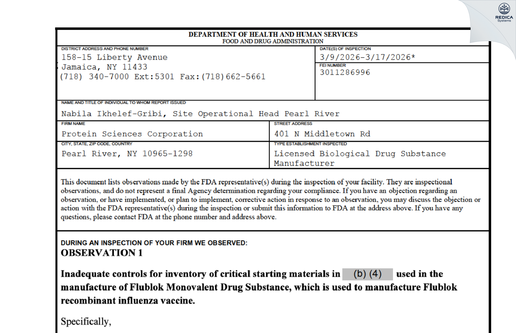 FDA 483 - Protein Sciences Corporation [Pearl River / United States of America] - Download PDF - Redica Systems