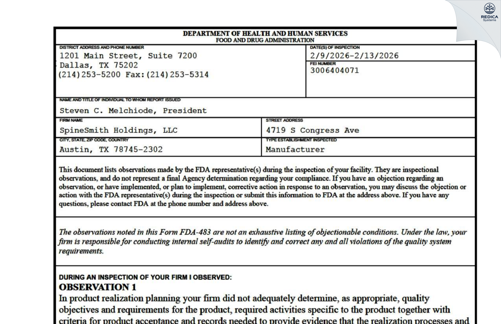FDA 483 - SpineSmith Holdings, LLC [Austin / United States of America] - Download PDF - Redica Systems