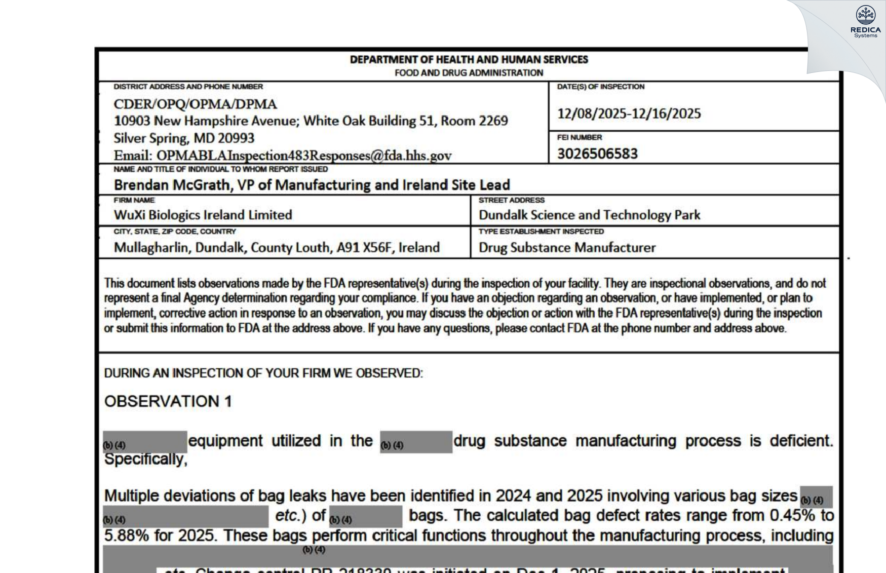 FDA 483 - WuXi Biologics Ireland Limited [Dundalk / Ireland] - Download PDF - Redica Systems