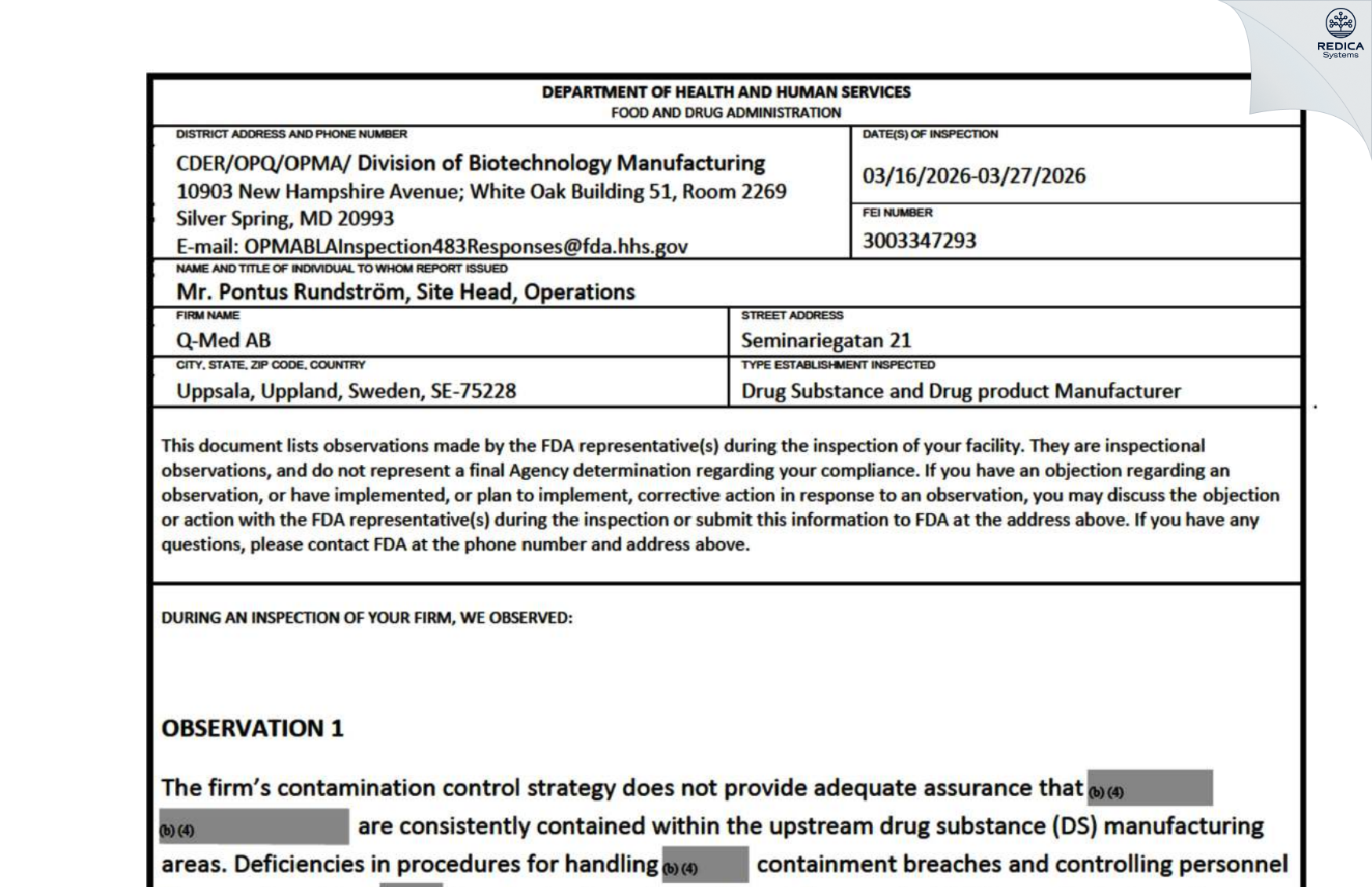 FDA 483 - Q-Med AB [Uppsala / Sweden] - Download PDF - Redica Systems