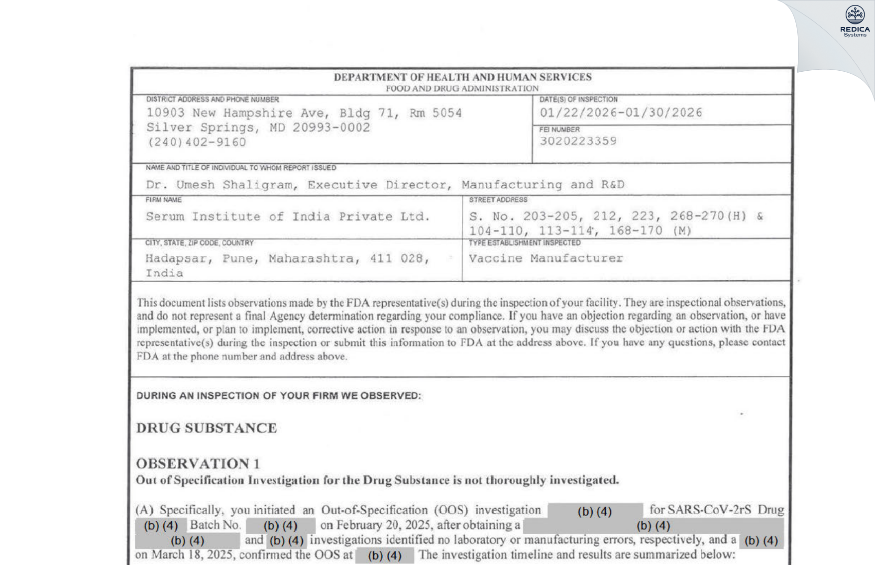 FDA 483 - SERUM INSTITUTE OF INDIA PRIVATE LIMITED [Pune / India] - Download PDF - Redica Systems