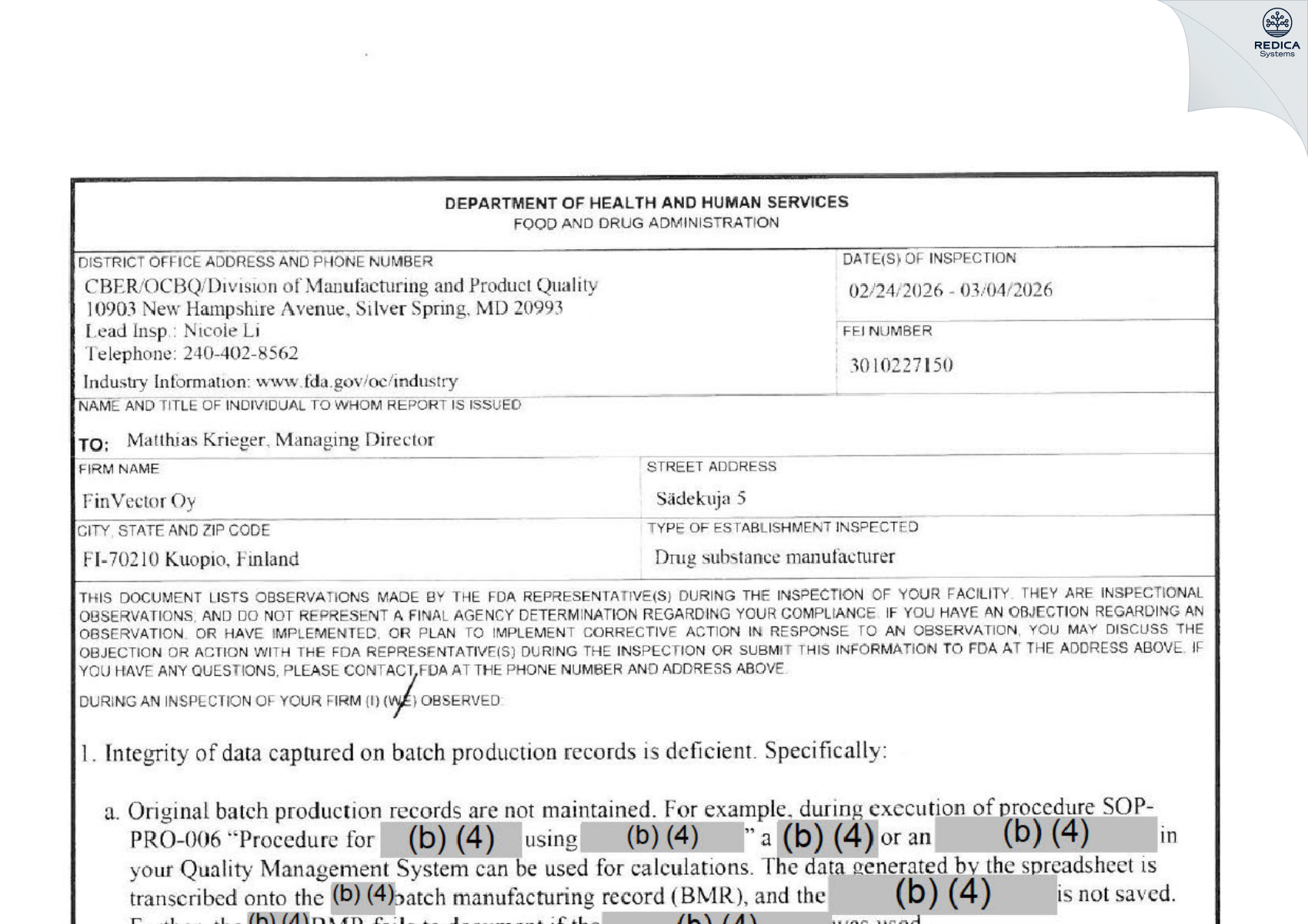 FDA 483 - FinVector Oy [Kuopio / Finland] - Download PDF - Redica Systems