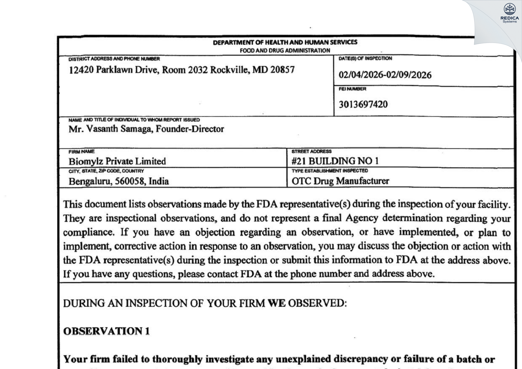 FDA 483 - BioMylz Pvt. Ltd. [Bangalore / India] - Download PDF - Redica Systems