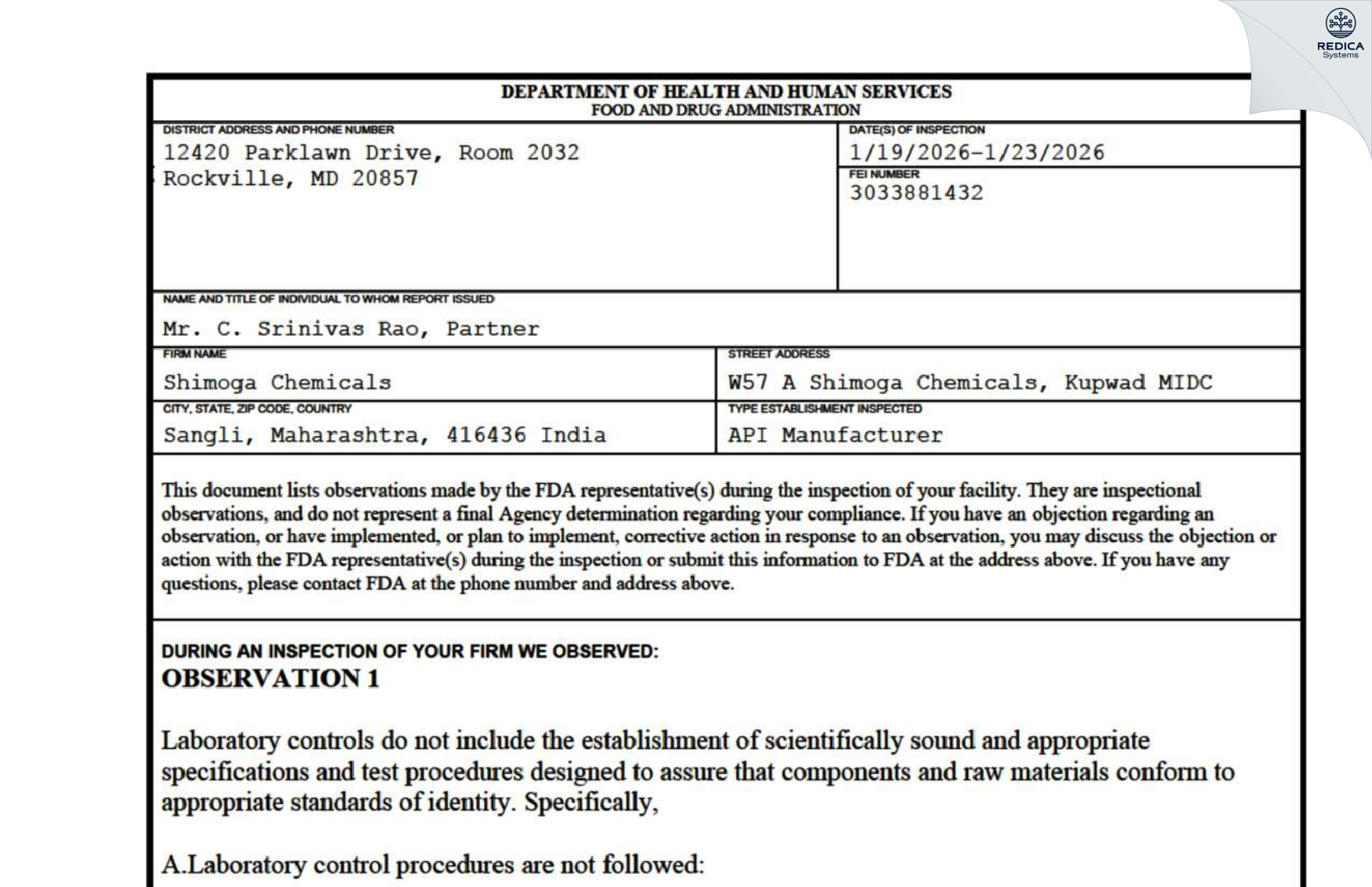 FDA 483 - SHIMOGA CHEMICALS [Kupwad Industrial Area / India] - Download PDF - Redica Systems