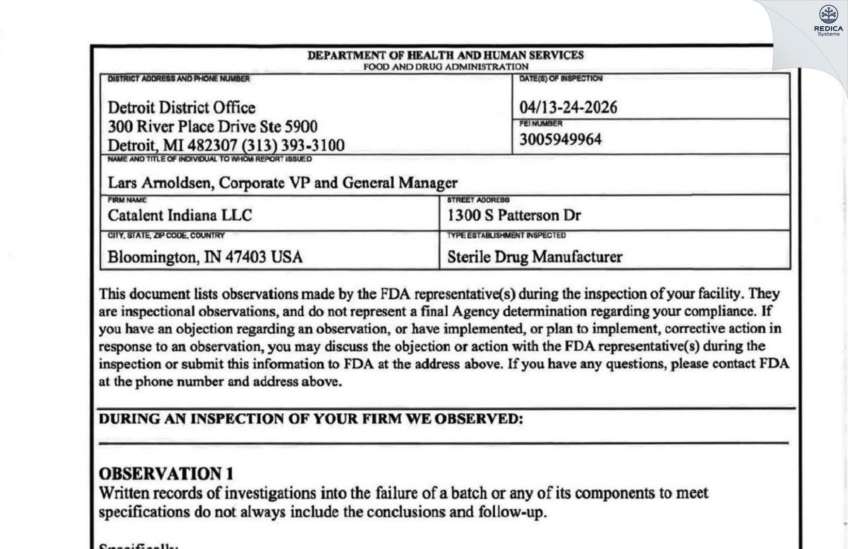 FDA 483 - Catalent Indiana, LLC [Bloomington / United States of America] - Download PDF - Redica Systems