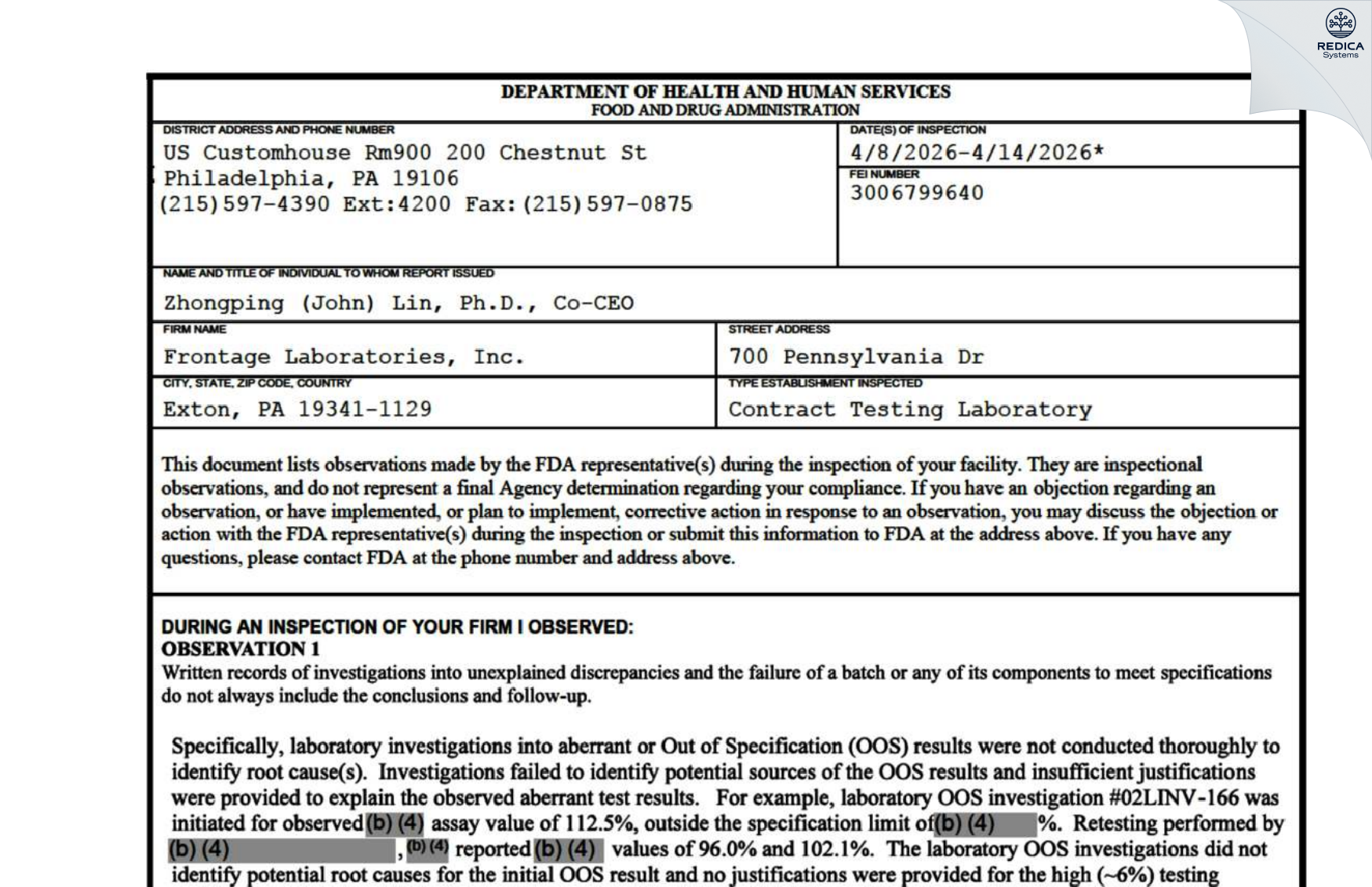 FDA 483 - Frontage Laboratories, Inc. [Exton / United States of America] - Download PDF - Redica Systems