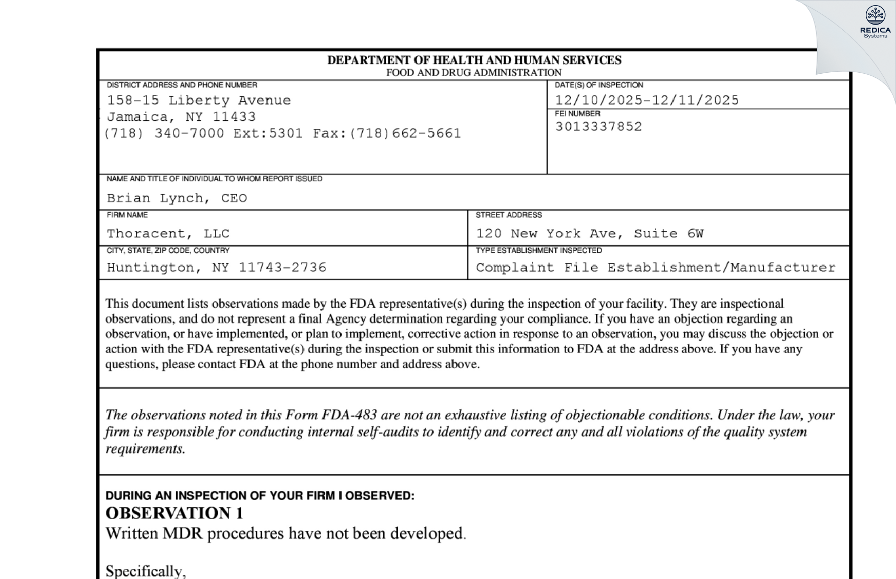 FDA 483 - THORACENT, INC. [Huntington / United States of America] - Download PDF - Redica Systems