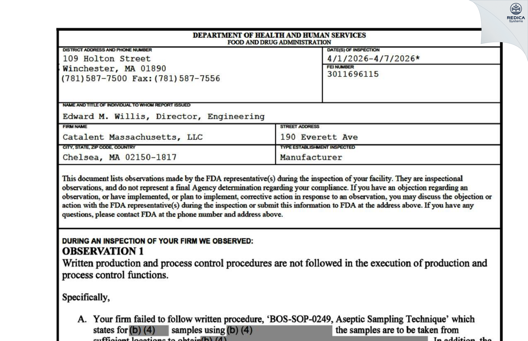 FDA 483 - Catalent Massachusetts, LLC [Chelsea / United States of America] - Download PDF - Redica Systems