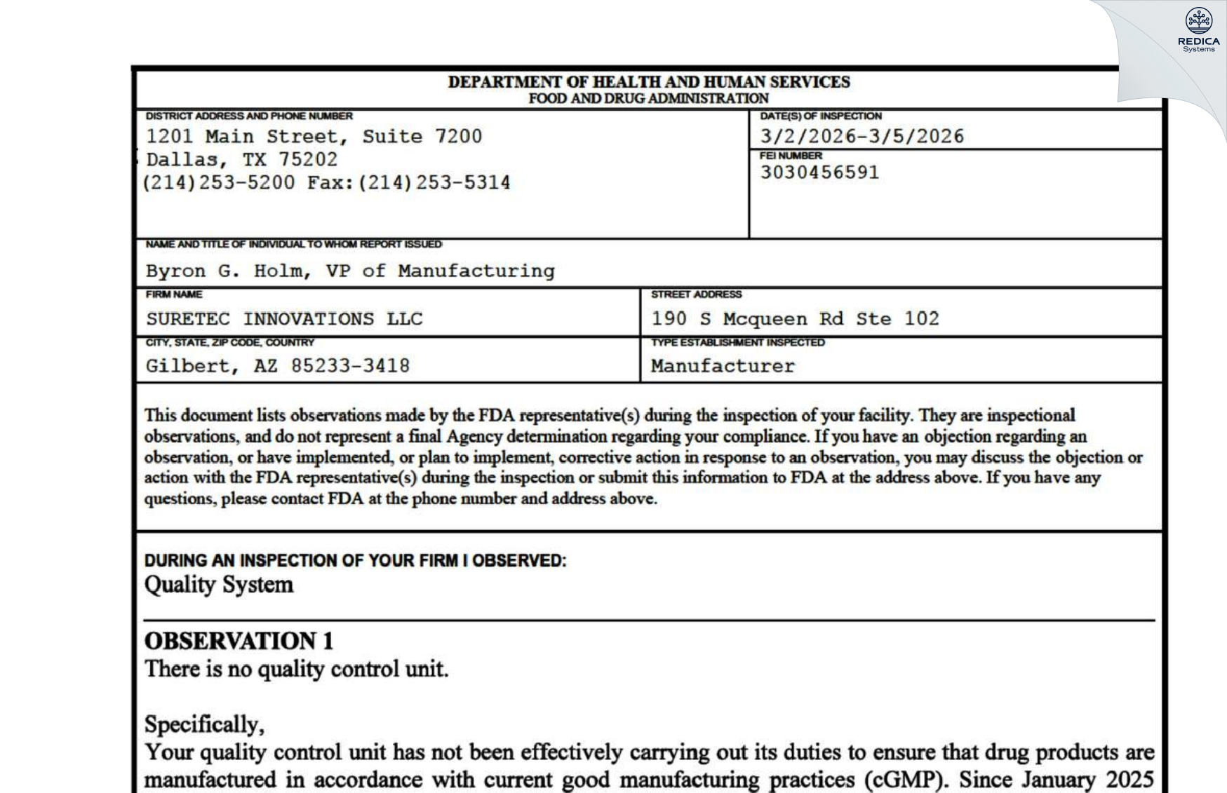 FDA 483 - SURETEC INNOVATIONS LLC [Gilbert / United States of America] - Download PDF - Redica Systems
