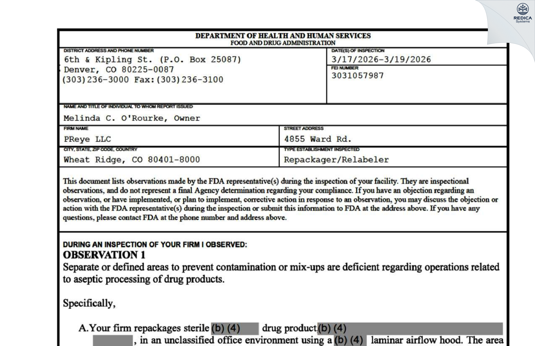 FDA 483 - PReye, LLC [Golden / United States of America] - Download PDF - Redica Systems