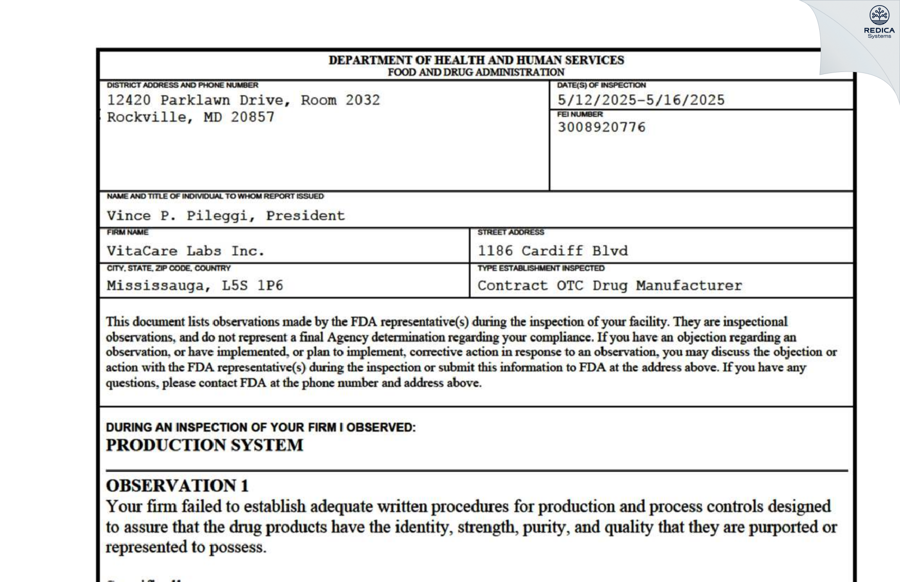 FDA 483 - Vitacare Labs Inc. [Mississauga / Canada] - Download PDF - Redica Systems