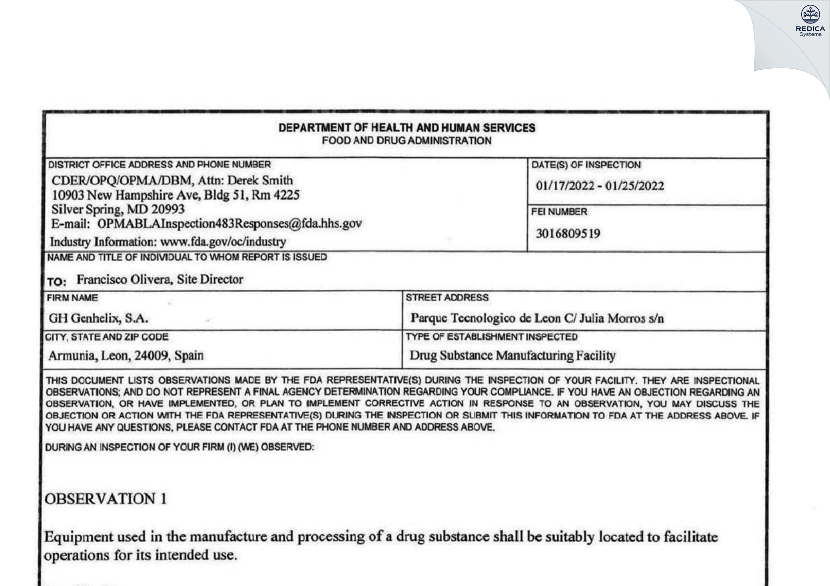 FDA 483 - GH Genhelix S.A. [León / Spain] - Download PDF - Redica Systems