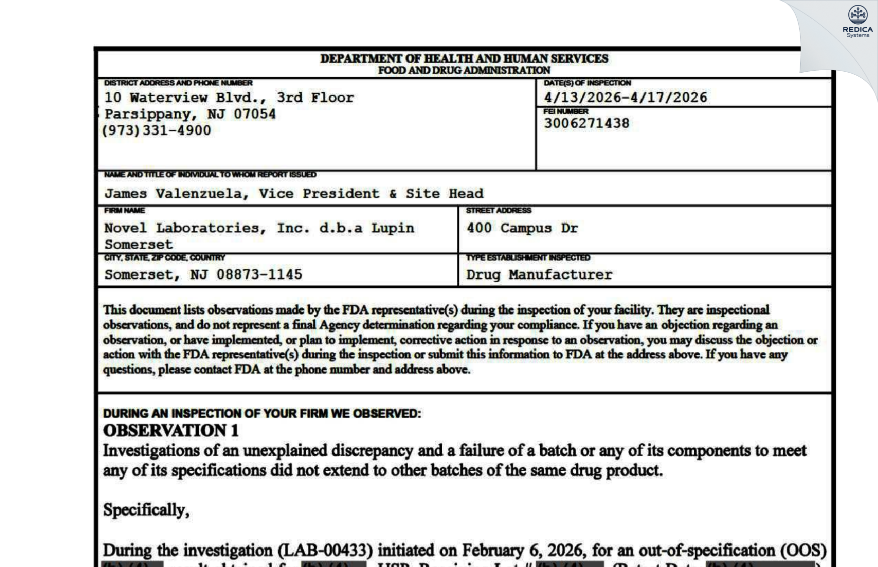 FDA 483 - Novel Laboratories, Inc. [Somerset / United States of America] - Download PDF - Redica Systems