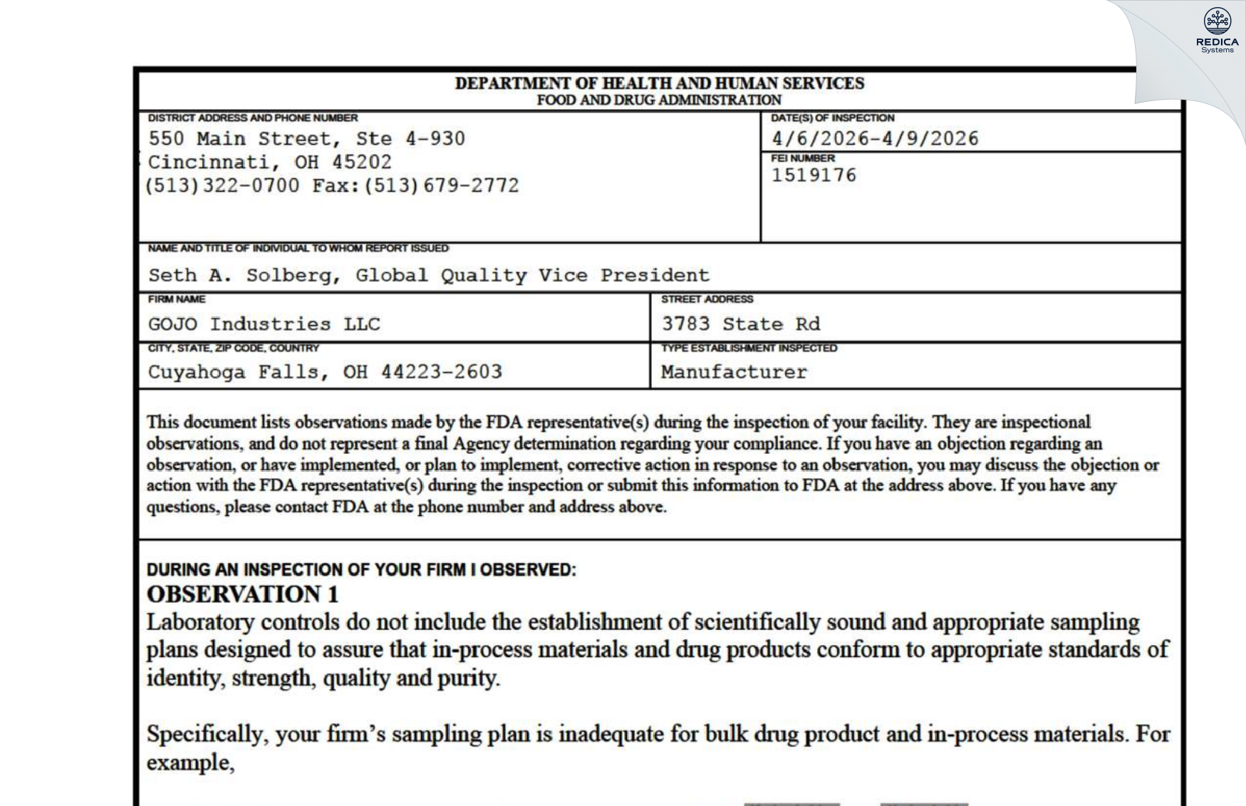 FDA 483 - GOJO Industries, Inc [Cuyahoga Falls / United States of America] - Download PDF - Redica Systems
