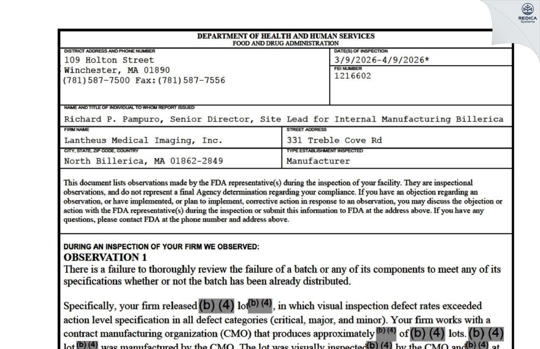 FDA 483 - Lantheus Medical Imaging, Inc. [North Billerica / United States of America] - Download PDF - Redica Systems