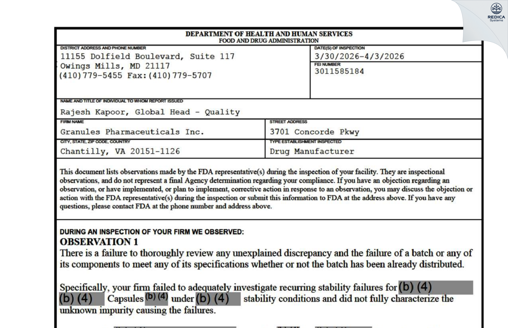 FDA 483 - Granules Pharmaceuticals Inc. [Chantilly / United States of America] - Download PDF - Redica Systems
