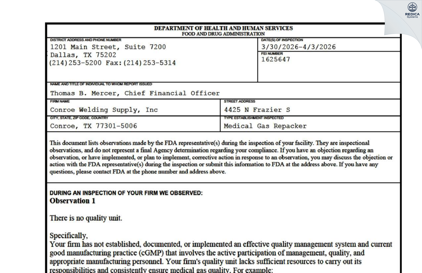 FDA 483 - CONROE WELDING SUPPLY, INC. [Conroe / United States of America] - Download PDF - Redica Systems