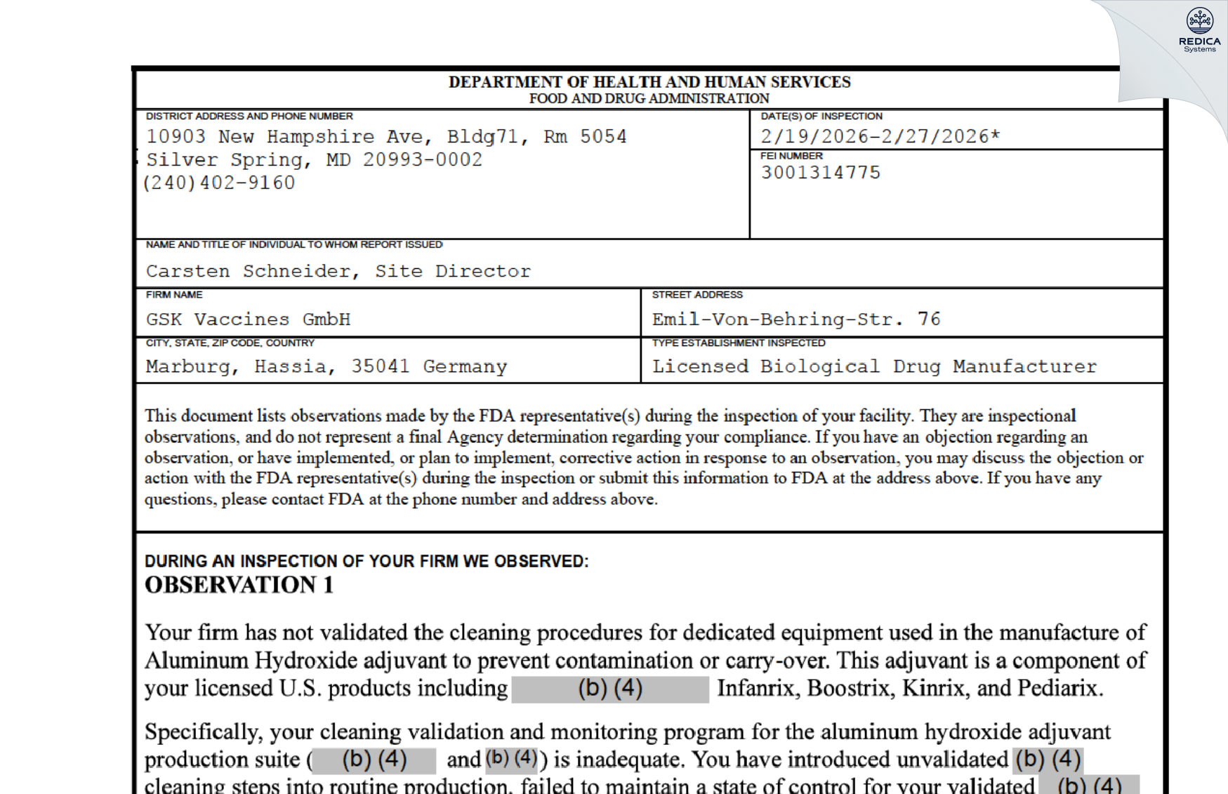 FDA 483 - GSK Vaccines GmbH [Marburg / Germany] - Download PDF - Redica Systems